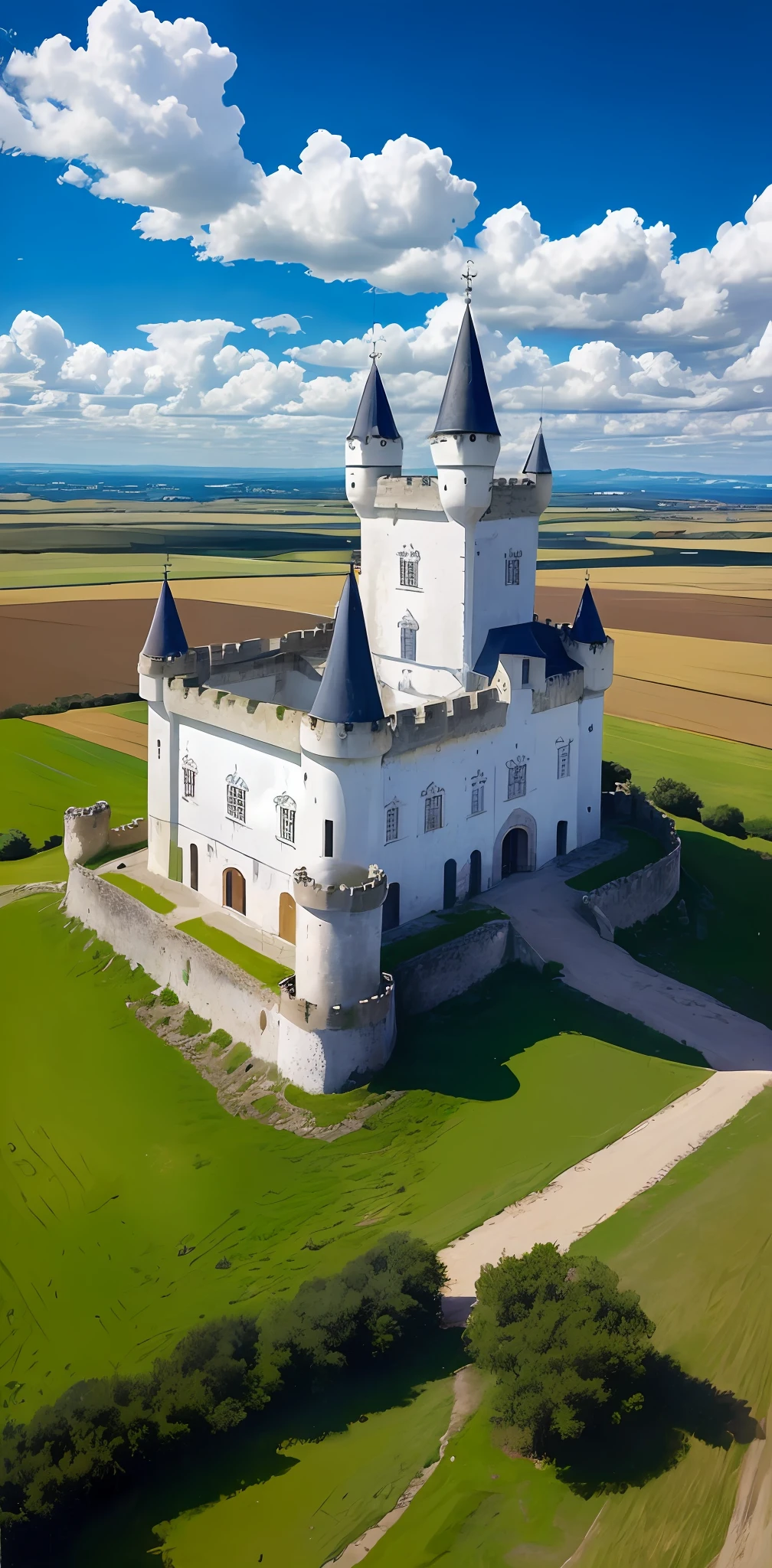 Castelo branco, White castle in the middle of the plain, grama, Plain Clean, beautiful sky, nuvens brancas