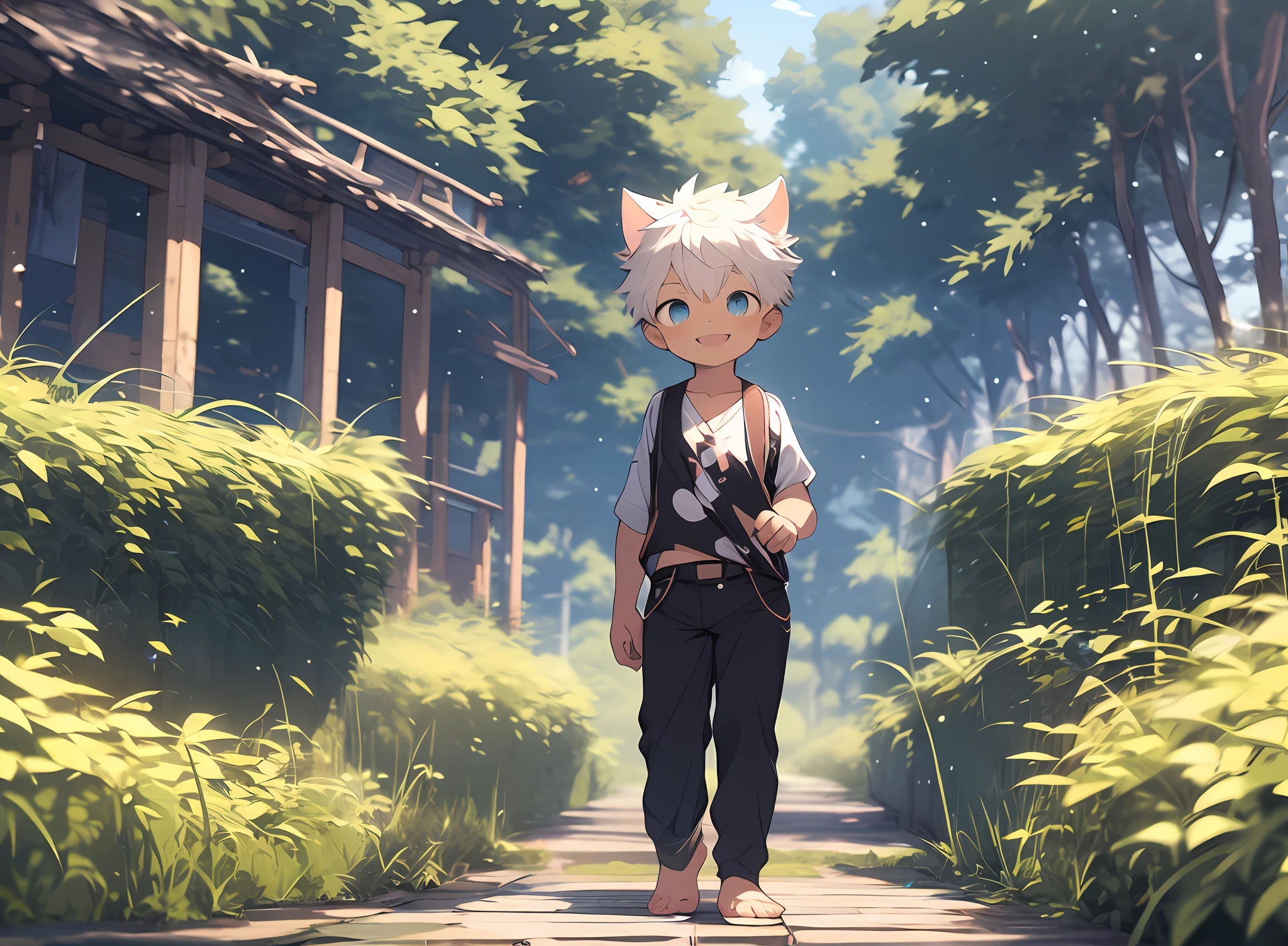 three fourths view，Shota，Black and white hair，toddlers，Blue eyes，cat ear ，a cat tail， adolable， standing on your feet， Master masterpieces， A high resolution，8K，detailedbackground，high high quality，Libido boy，独奏，shorter pants，grassy fields，White flowers，Happy expression，