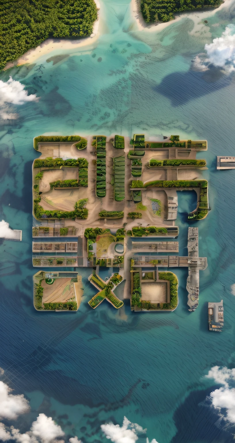 A close-up of a huge iconic building，It resembles a small island in the sea，Vacation sprinkler shop，Overhead shot,  Floating City, Atlantis City, The environment is nice，Turquoise waters， cidade costeira tropical, GTA : Dubai, urban planning, Iot，jetty，夏天，in a tropical and dystopic city, There are trees ，ultra - detailed, amazing photorealistic graphics, steam workshop maps, Beautiful 3D map