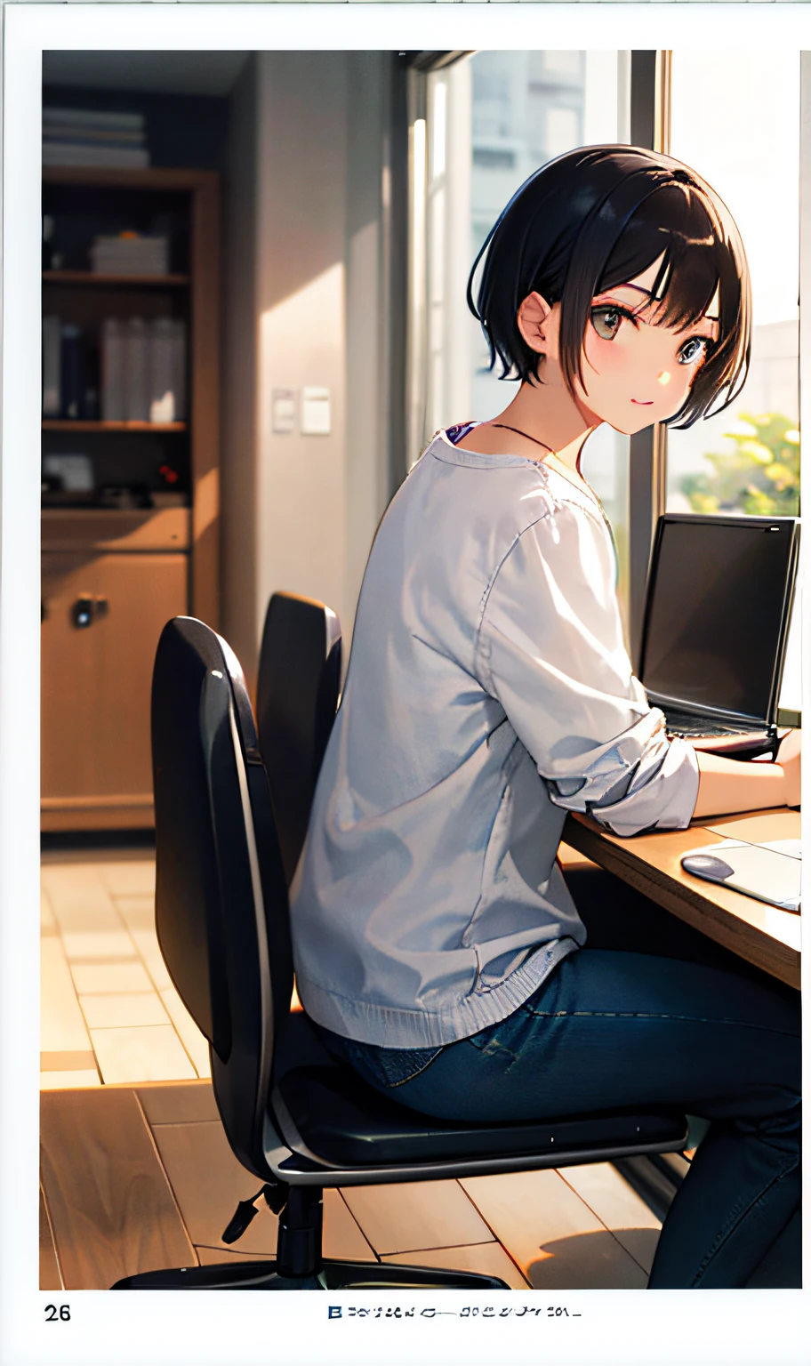 A girl with short black hair,Looking at the computer