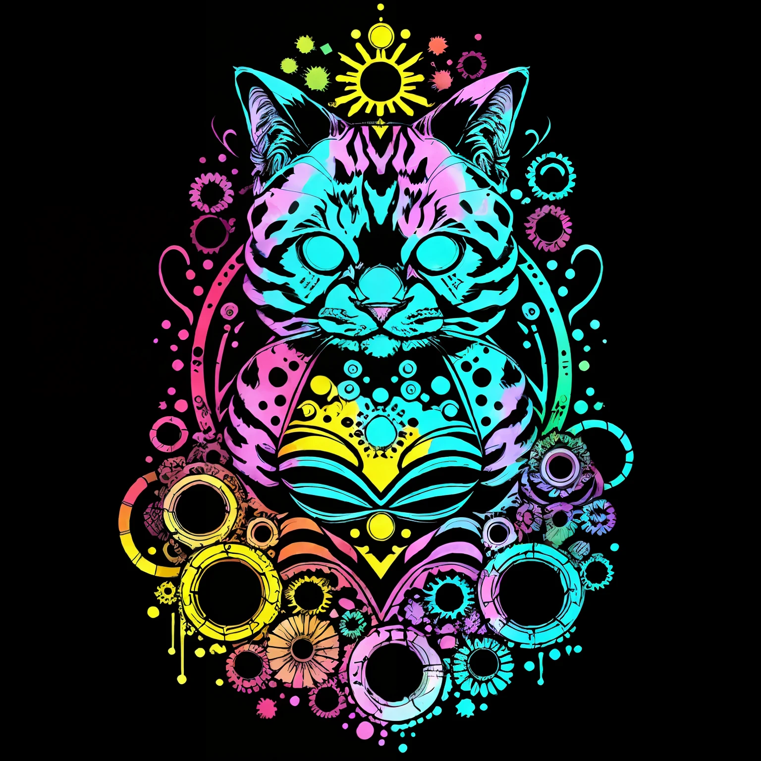 in the style of 0mib，Cute cat，Prismatic fragments，（1cat：1），Reflect fractal circles，ink spatter，Melted brushstrokes，particles vortex，dramatic  lighting，high high quality，big breasts beautiful，tmasterpiece，（with black background）