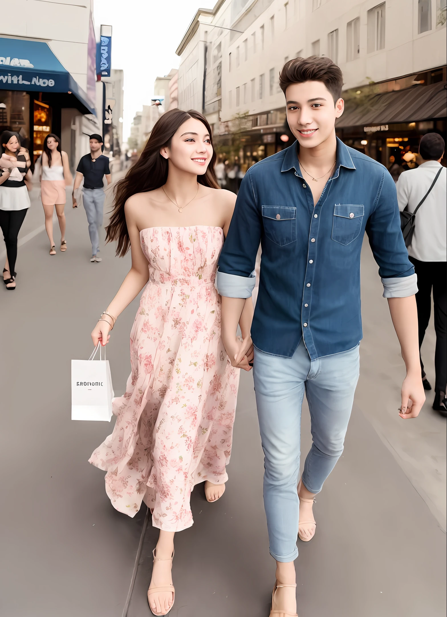 Walk the city streets，a young man and a woman，Bandeau dress，Wear long gorgeous clothes，Wearing a pink floral long dress，cute couple，Shopping，in city，Photo drawing