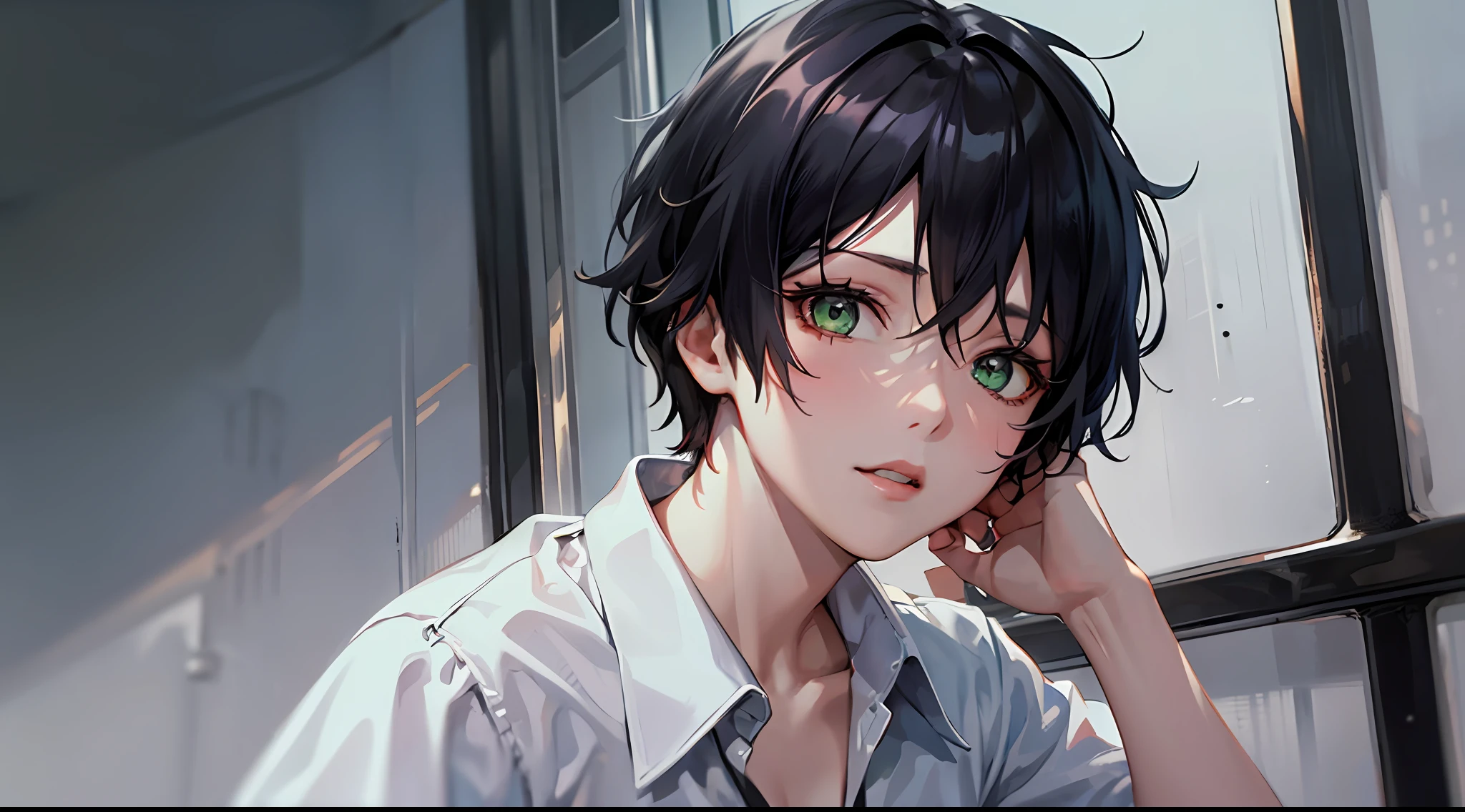 anime, male gender, short black hair with white strands on the fringe highlighting, reptilian green eyes, wearing a black blouse and a white shirt underneath --auto --s2