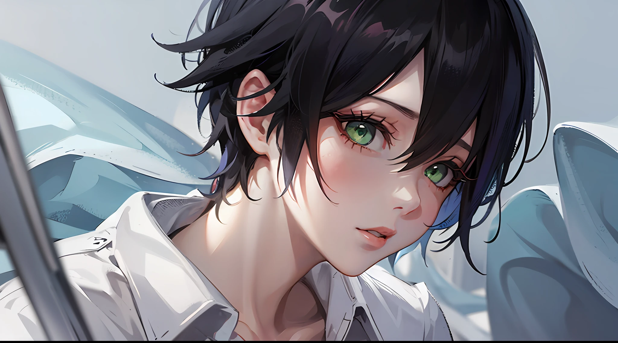 anime, male gender, short black hair with white strands on the fringe highlighting, reptilian green eyes, wearing a black blouse and a white shirt underneath --auto --s2