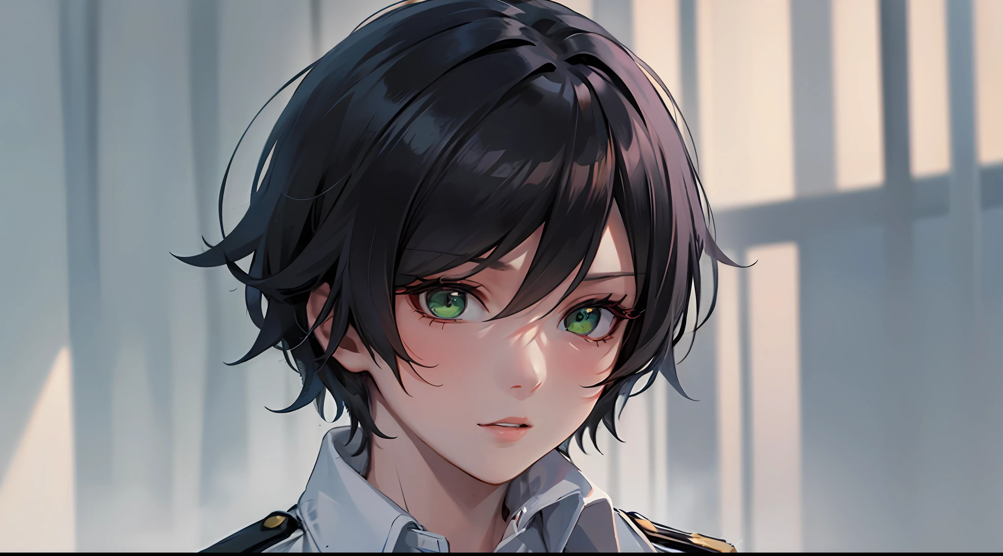 anime, male gender, short black hair with white strands on the fringe highlighting, reptilian green eyes, wearing a black blouse and a white shirt underneath --auto --s2