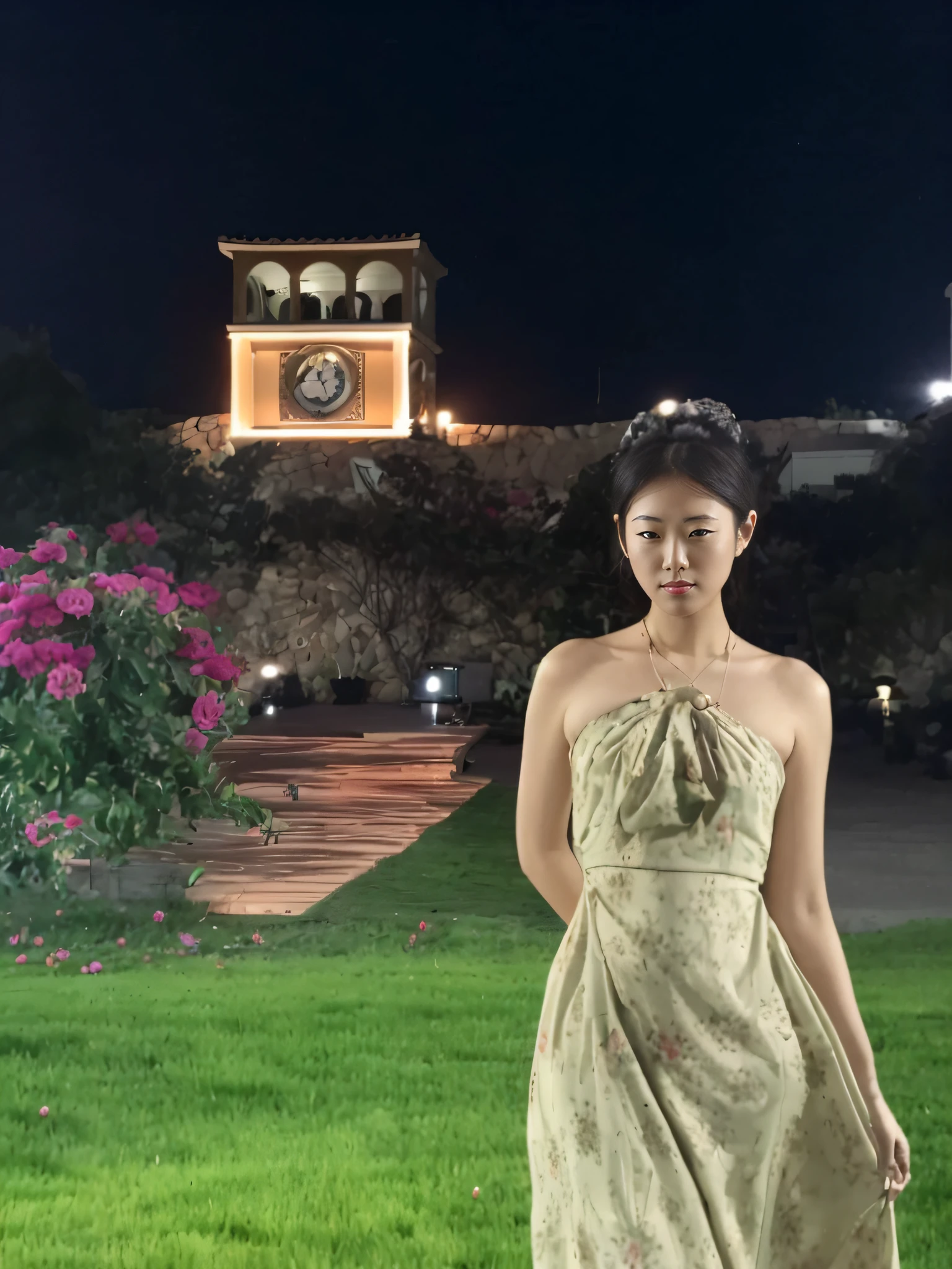 arafed woman in a dress standing in a grassy area, Muscular very developed,big breasts beautiful,prette,Korean female --auto