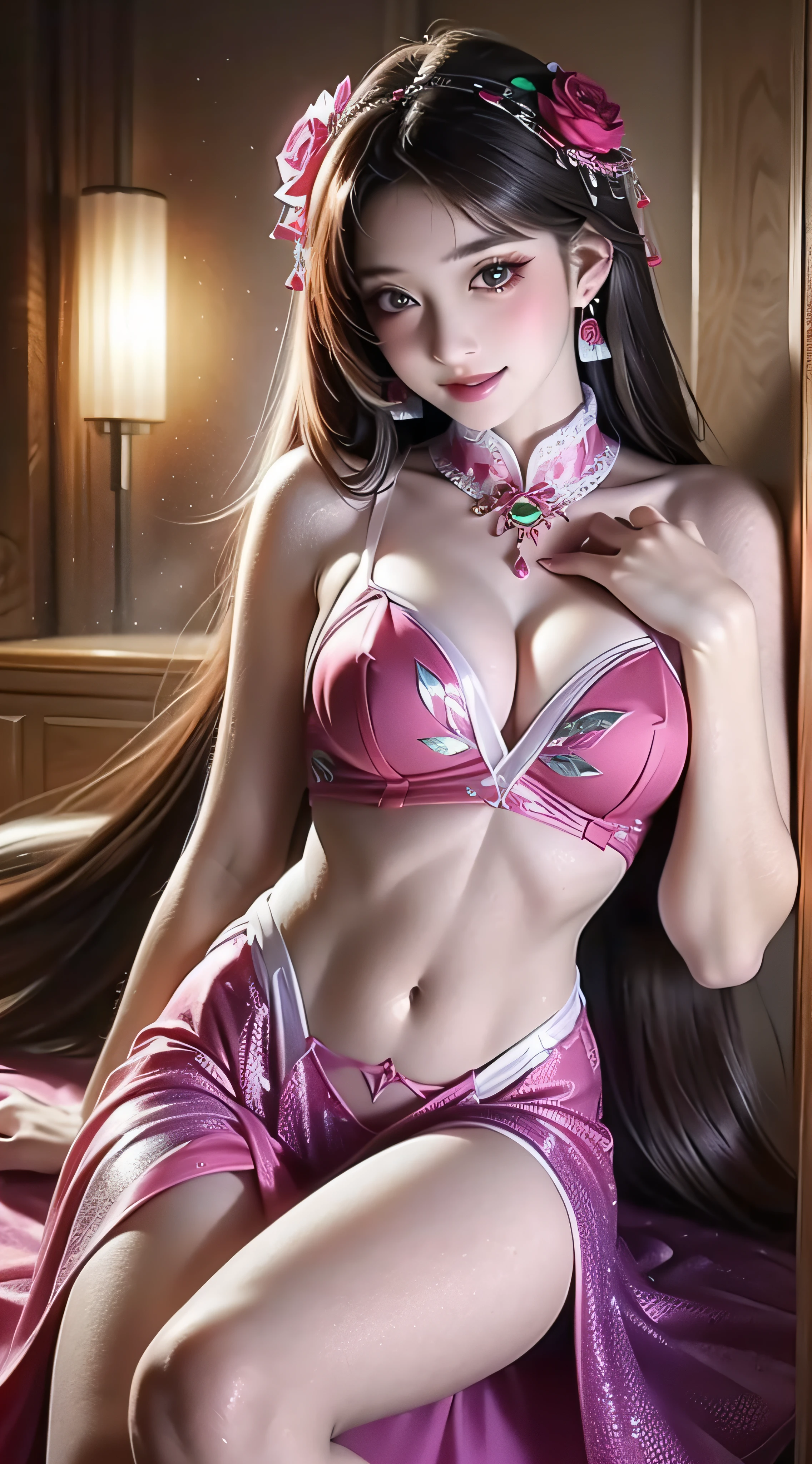 Exquisite, Masterpiece, high resolution, 1girll, Sheer silk cheongsam, beautfully face, hair adornments, eyeline, Smile, Closed mouth, Lips, dress, hair adornments, necklace, jewel, Long hair, Earrings, beautfully face, after sexing_Body, Tyndall effect, Photorealistic, Dark Studio, rim lit, Two-tone lighting, (High detail skin: 1.2), 8K Ultra HD, Digital SLR, Soft lighting, High quality, voluminetric lighting, candid, Photography, high resolution, 4K, 8K, Bokeh. systemic. Beautiful legs.