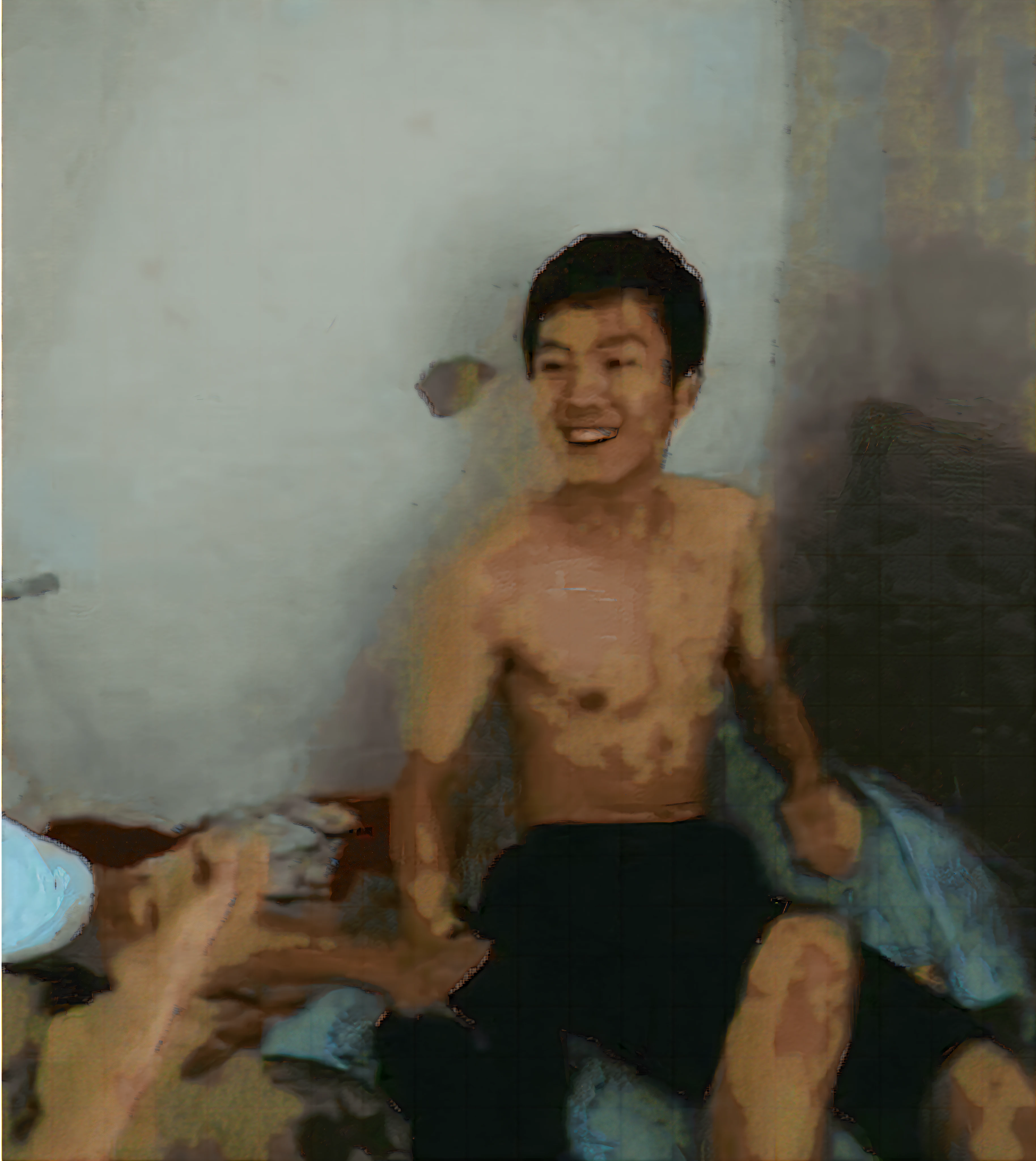 There was a man sitting on the bed，The bed was covered with a blue blanket, Lu Ji, nanquan, jinyiwei, korean muscle boy 2 1 years old, ruan jian, Yang Qi, Li Zixin, he is happy, ruxing gao, Chen Zezhou, leaked photo, bian luan, xintong chen, sit on a bed, wenfei ye