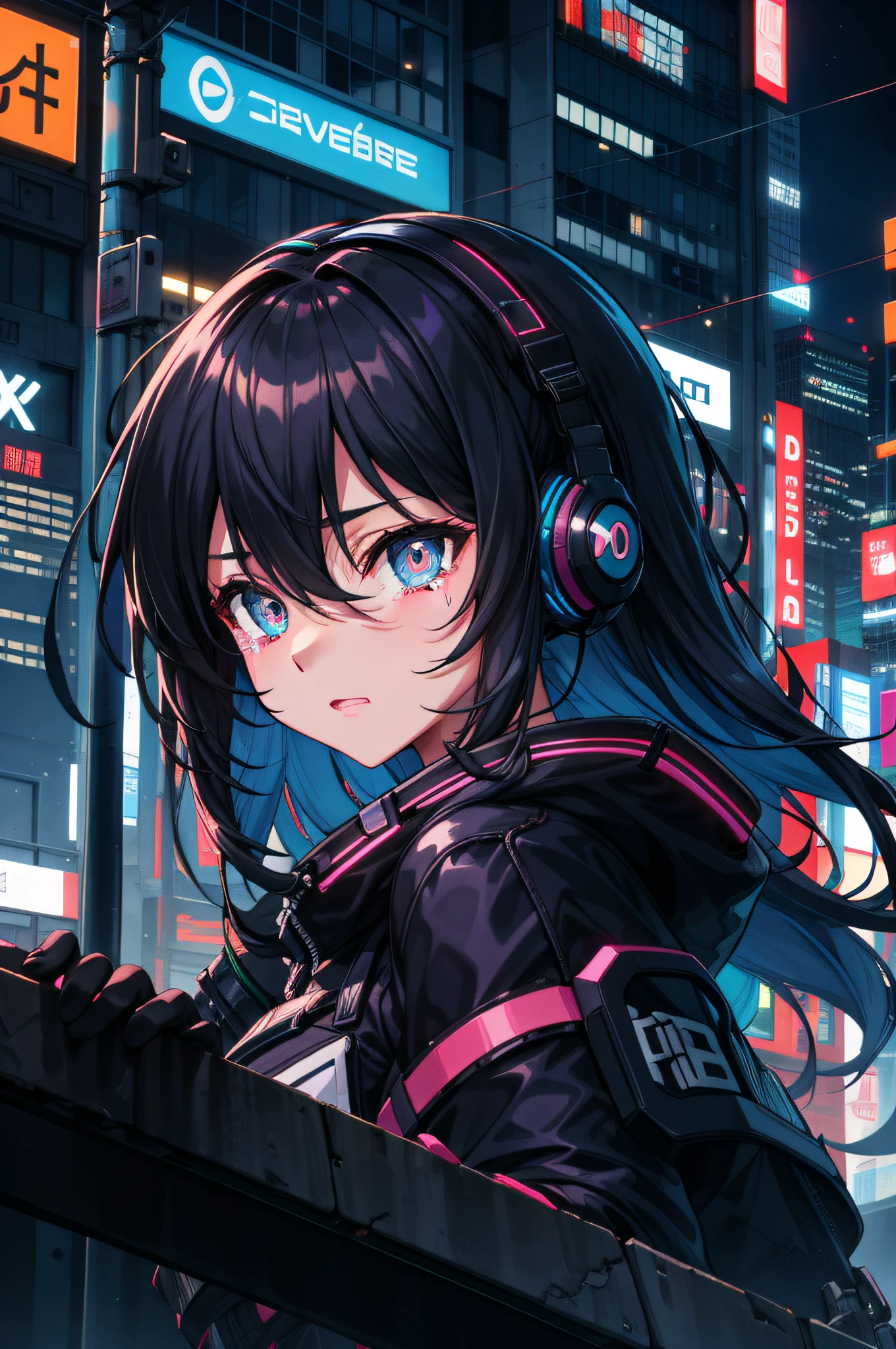 tmasterpiece,best qualityer,1girl,独奏,the night,Colorful,view over city,cyber punk perssonage,grievance,There were tears in his eyes,Urban popularity,Vector graphics