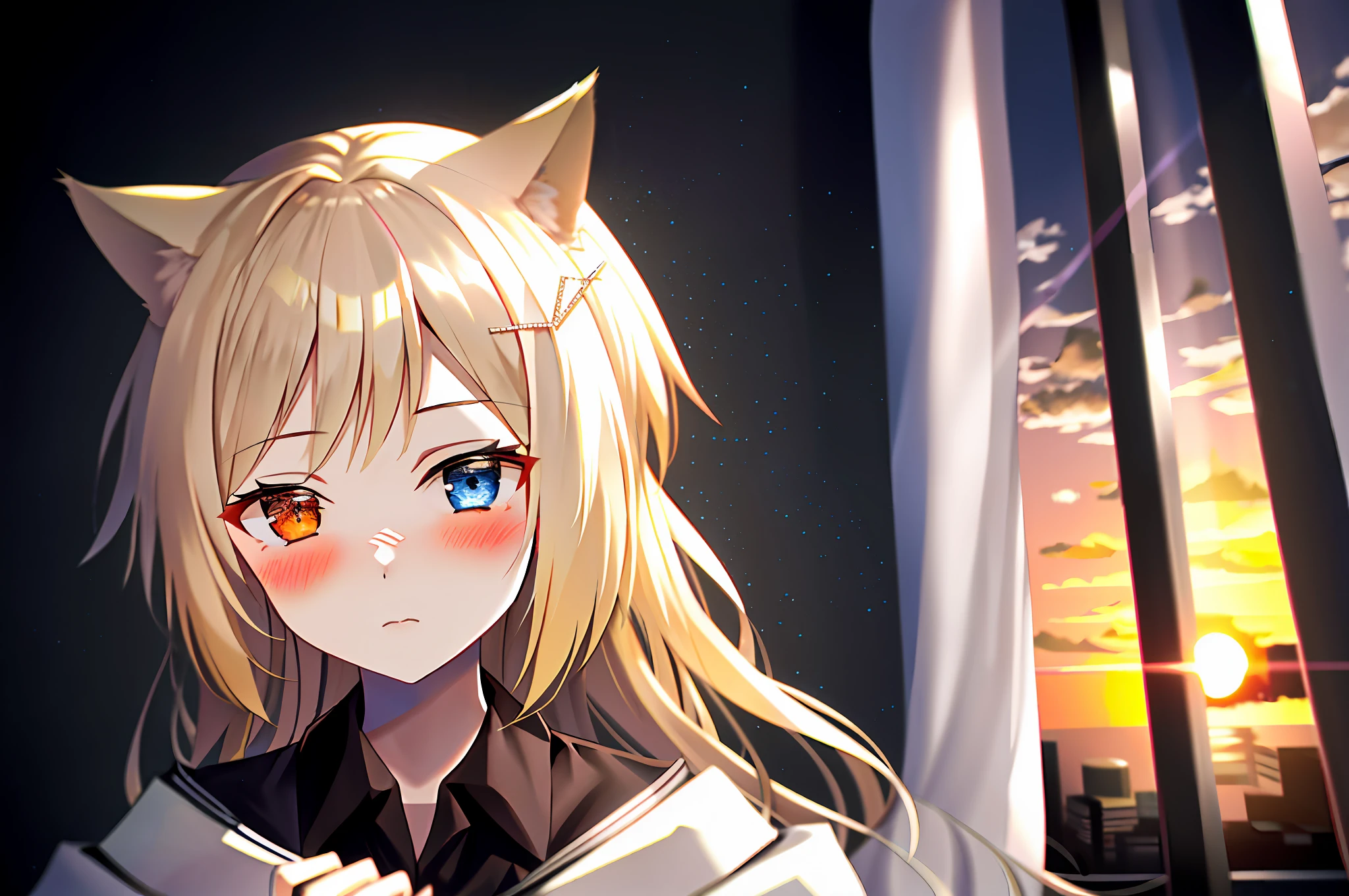 nightmare \(arknights\), 1girl, solo, heterochromia, animal ears, white background, blush, blue eyes, orange eyes, sleeves past wrists, long hair, closed mouth, hair ornament, shirt, blonde hair, cat ears, bangs, collared shirt, long sleeves, calm, indoors, (looking in window), hands together, (sunset)