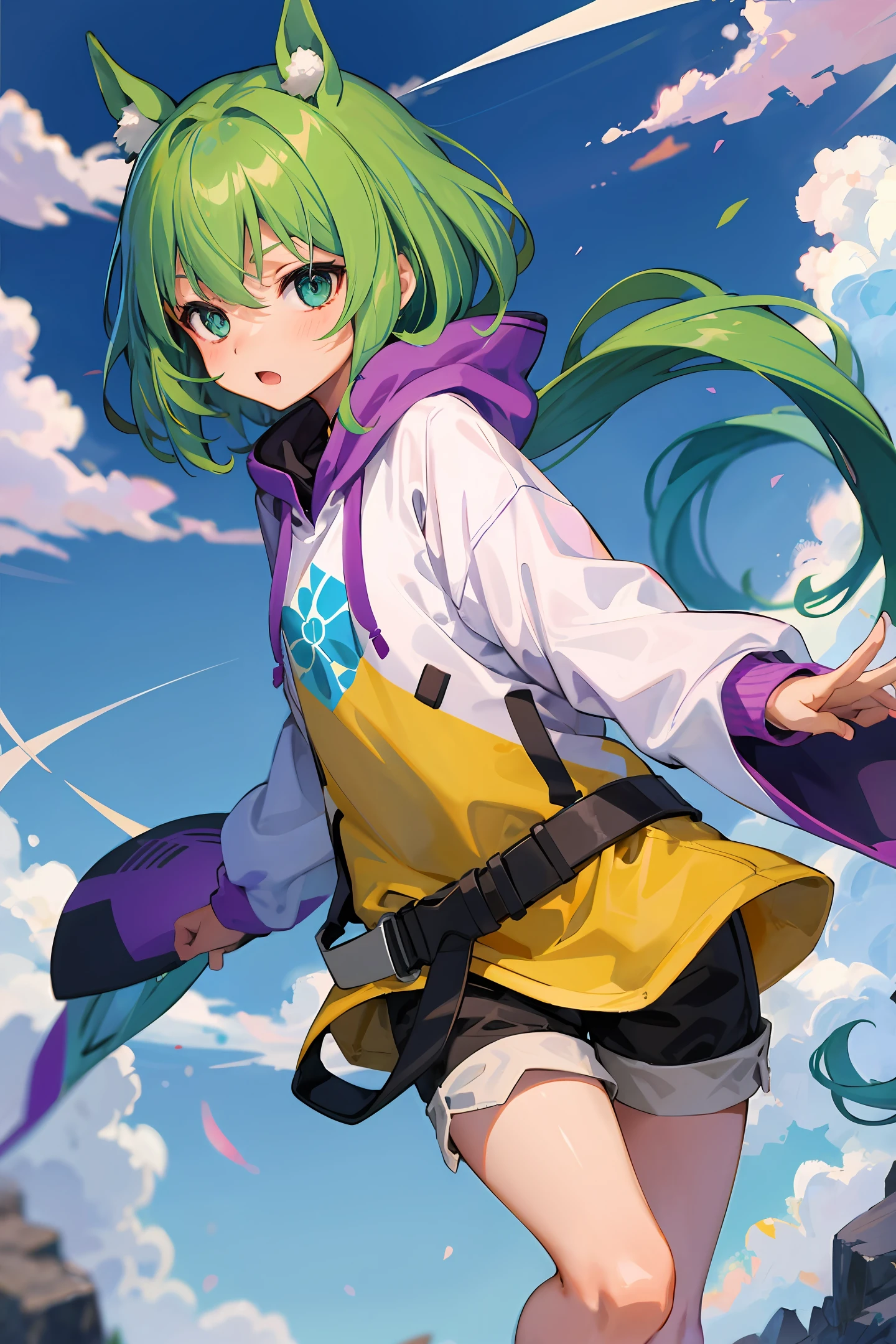Children of the Weather,Yona Amano,dual horsetail,White sweatshirt,Ultra shorts