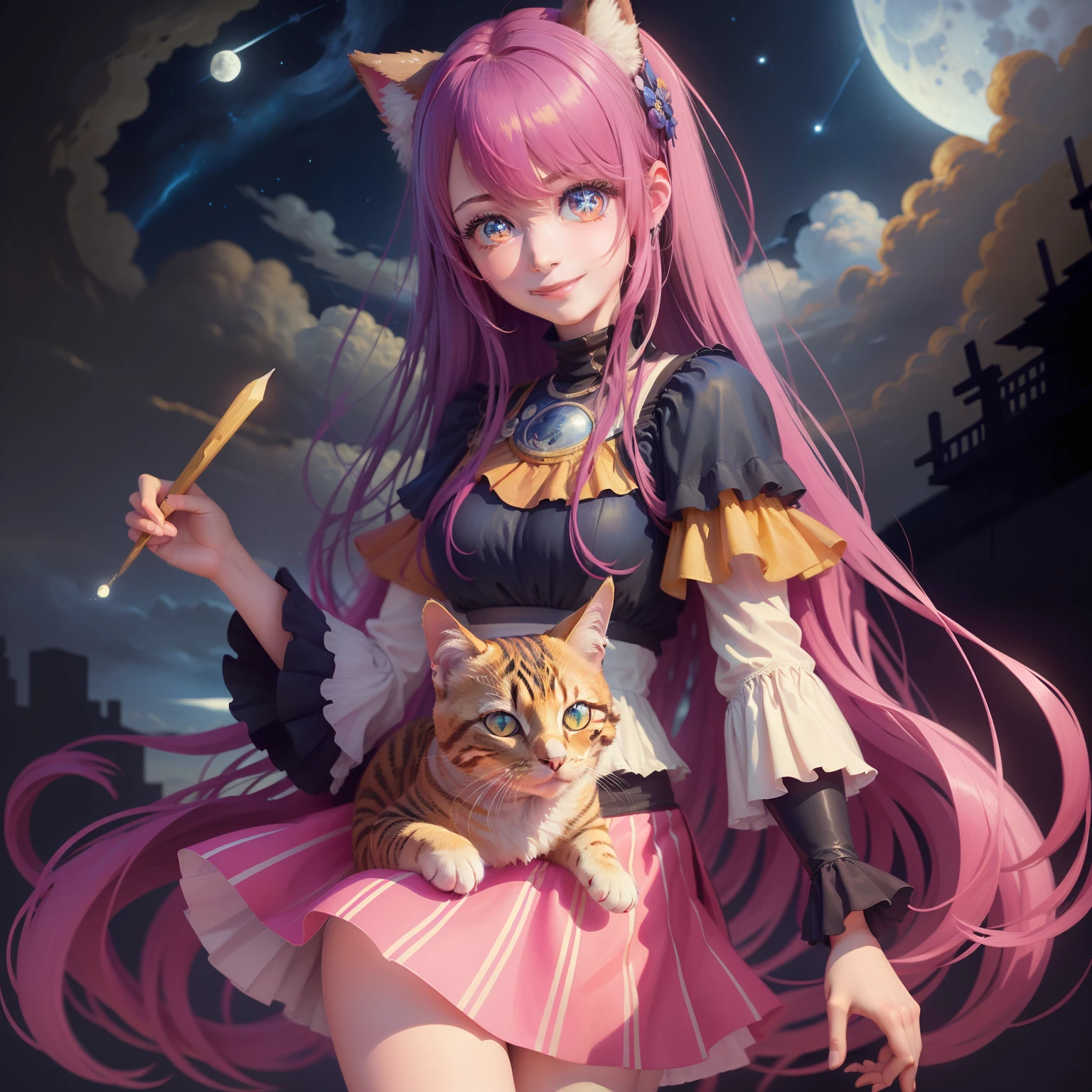 (High-quality masterpieces:1.5)、1girl in、a smile、Long pink hair、The eye(beautidful eyes)、a miniskirt、Cat's ears、Ahoge、Background with(nigh sky、a moon、stele)