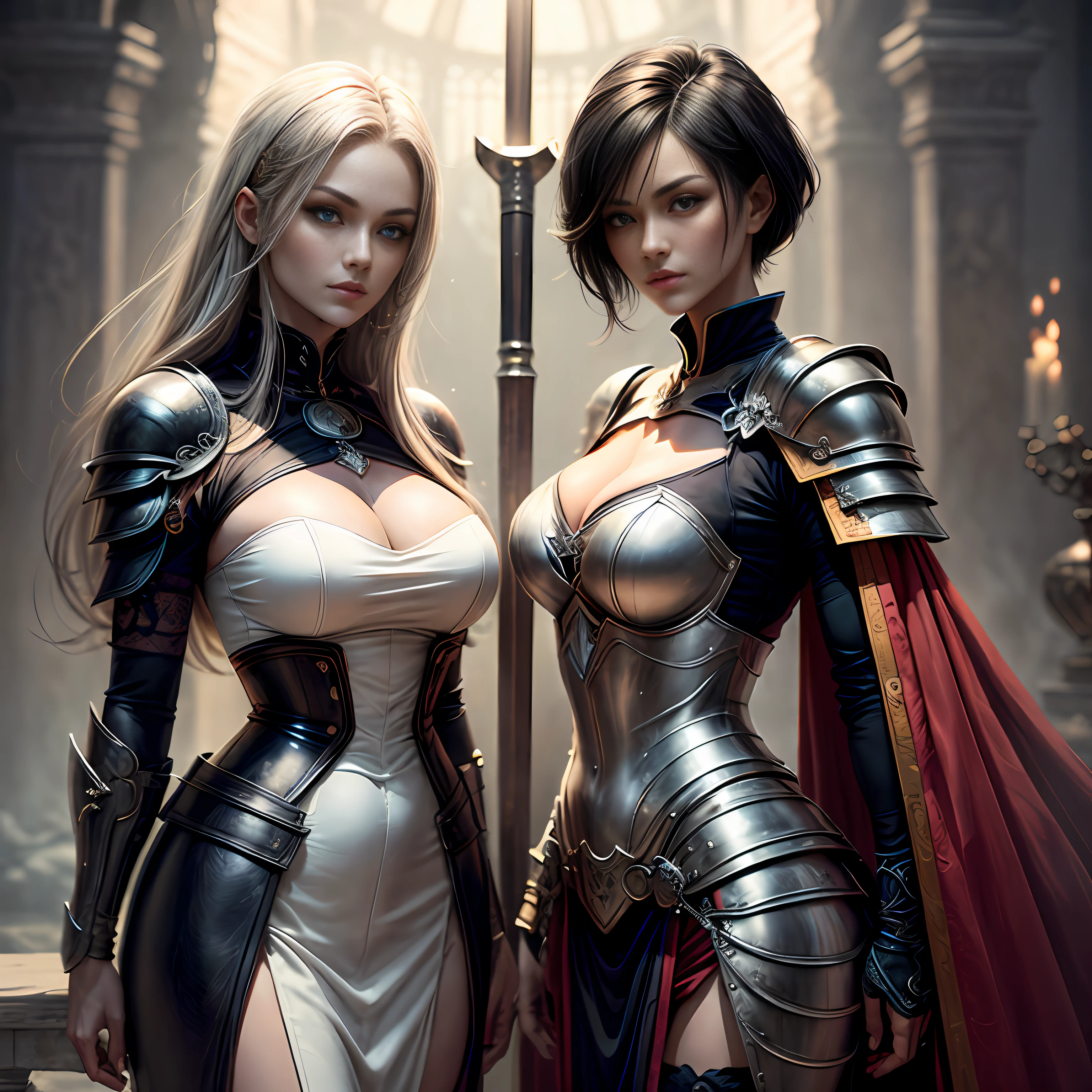 ultra intricate,Hyper-detailing,Ultimate beauty,Extreme,The spectacle is spectacular,tmasterpiece, Need, ultra-realistic realism, Two beautiful women with very different looks, A mature woman with white hair and golden pupils wears armor with a white openwork pattern,Slim and attractive, Holding a complex and beautiful holy spear,He also has short black hair and red pupils, A maiden wearing slender black samurai armor and holding a black magic sword fights