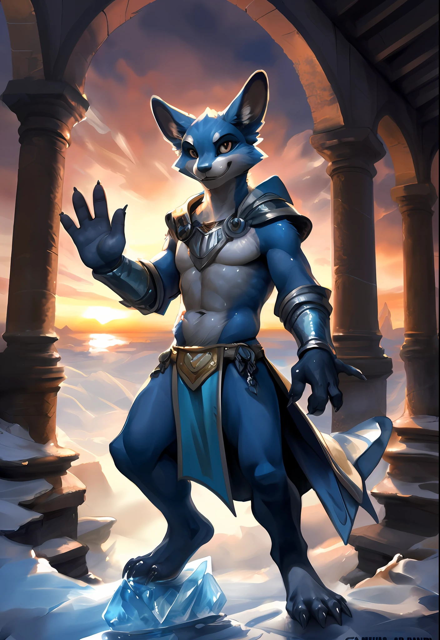 Masterpiece, High quality, absurd res, Digital painting \(artwork of a\), Solo, (komono:1.4), Male human-cat, Blue body, Ice, (waving at viewer), Smile, Sunset, loincloth, By (by Pino Daeni, (by ruaidri), Yupa, Kiyosan), Detailed background, Anime, (Dark shadows, Wide dynamic range, hdr, Low light:1.2).