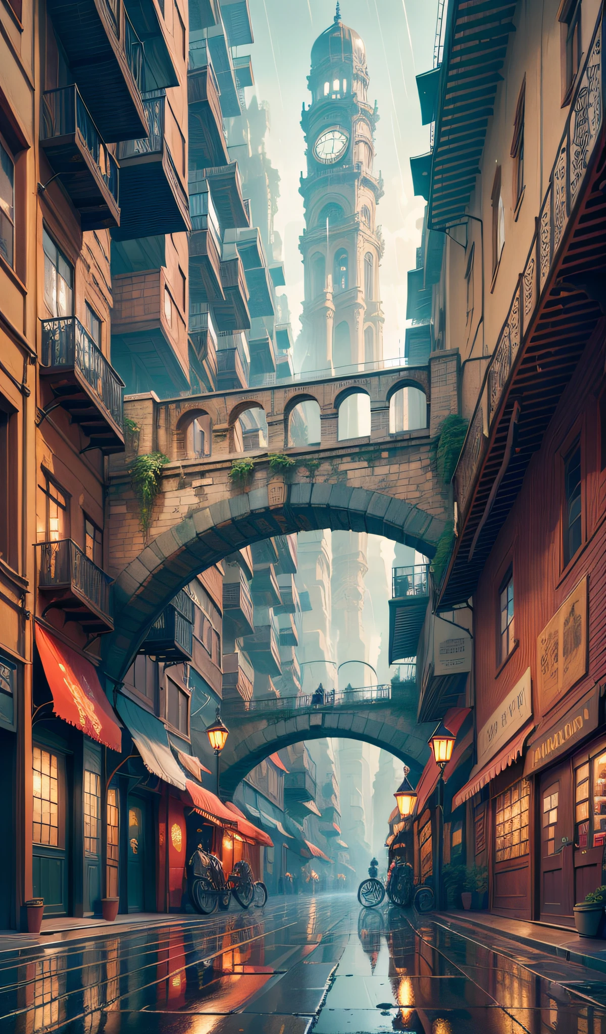 ((masterpiece)),((best quality)),((high detial)),((realistic,)) Industrial age city, deep canyons in the middle, architectural streets, bazaars, Bridges, rainy days, steampunk, European architecture