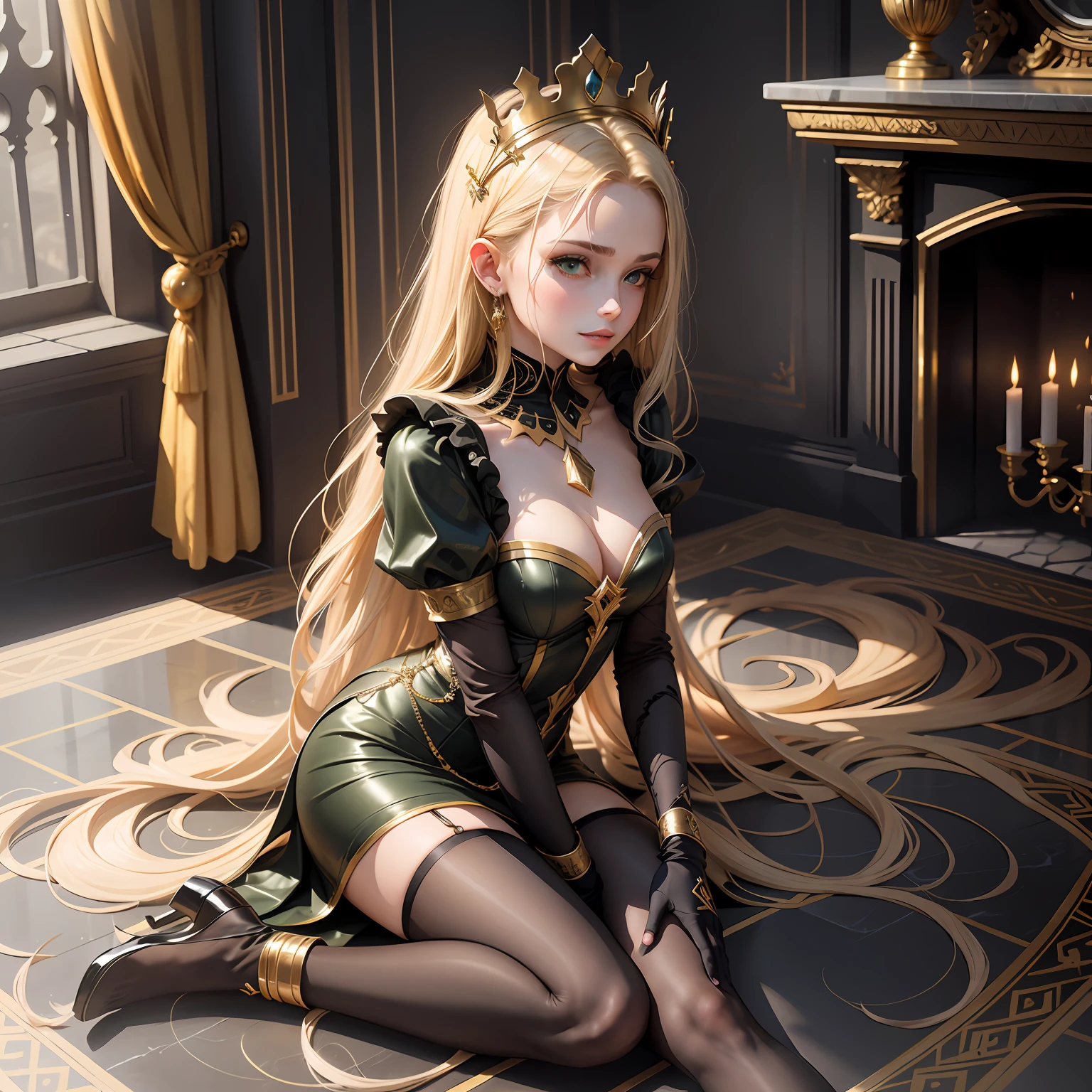 extreme hight detail,100% high definition detail，Small hair ornament，Leading gold jewelry，Dark green college uniform，Diamond-crystal diagonal，Seductive smiles，ellegance，A half body，Palace hall --auto