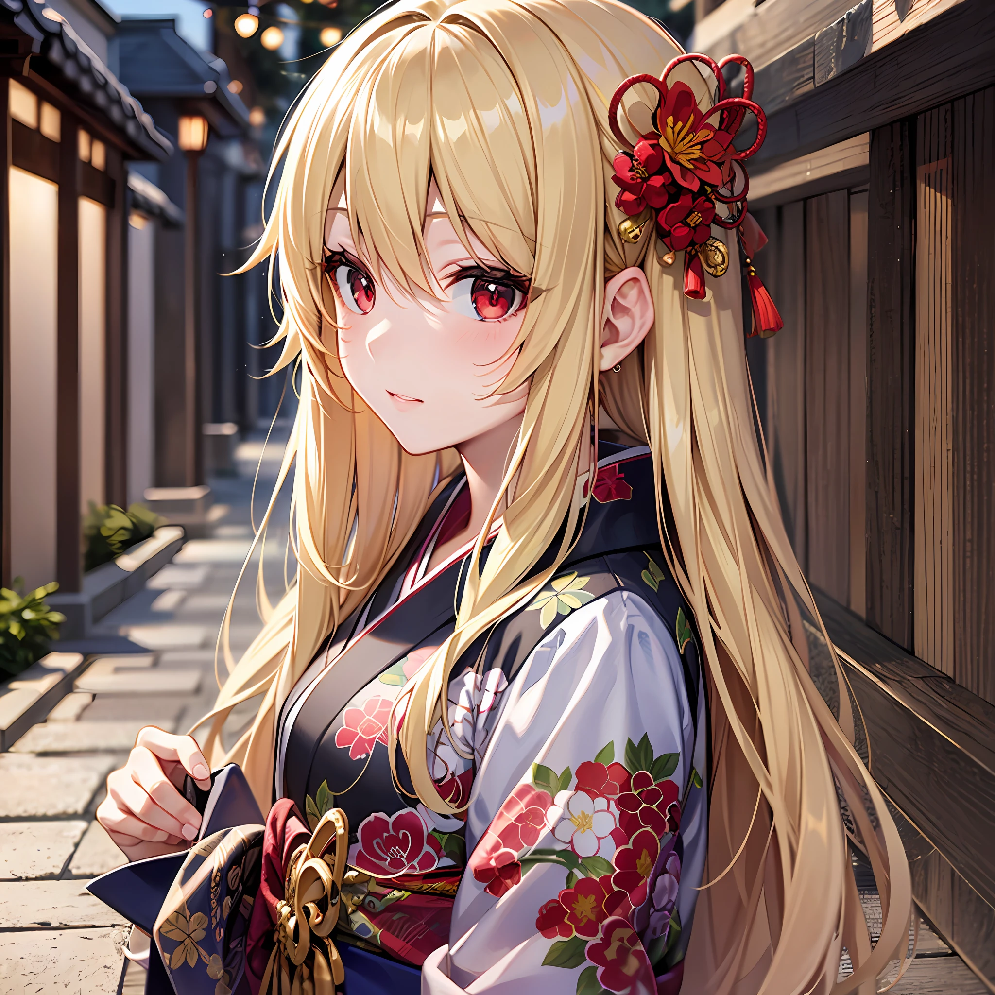 One blonde girl、red eyes、Kimono、sunlights、Temples