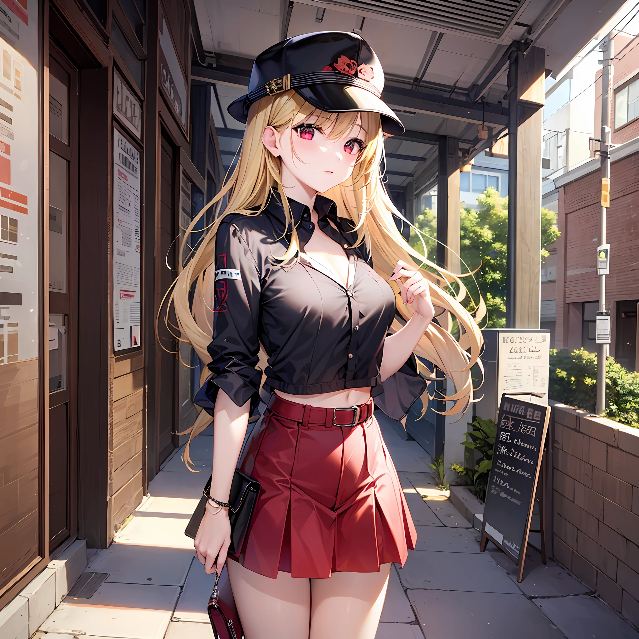 One blonde girl、red eyes、a miniskirt