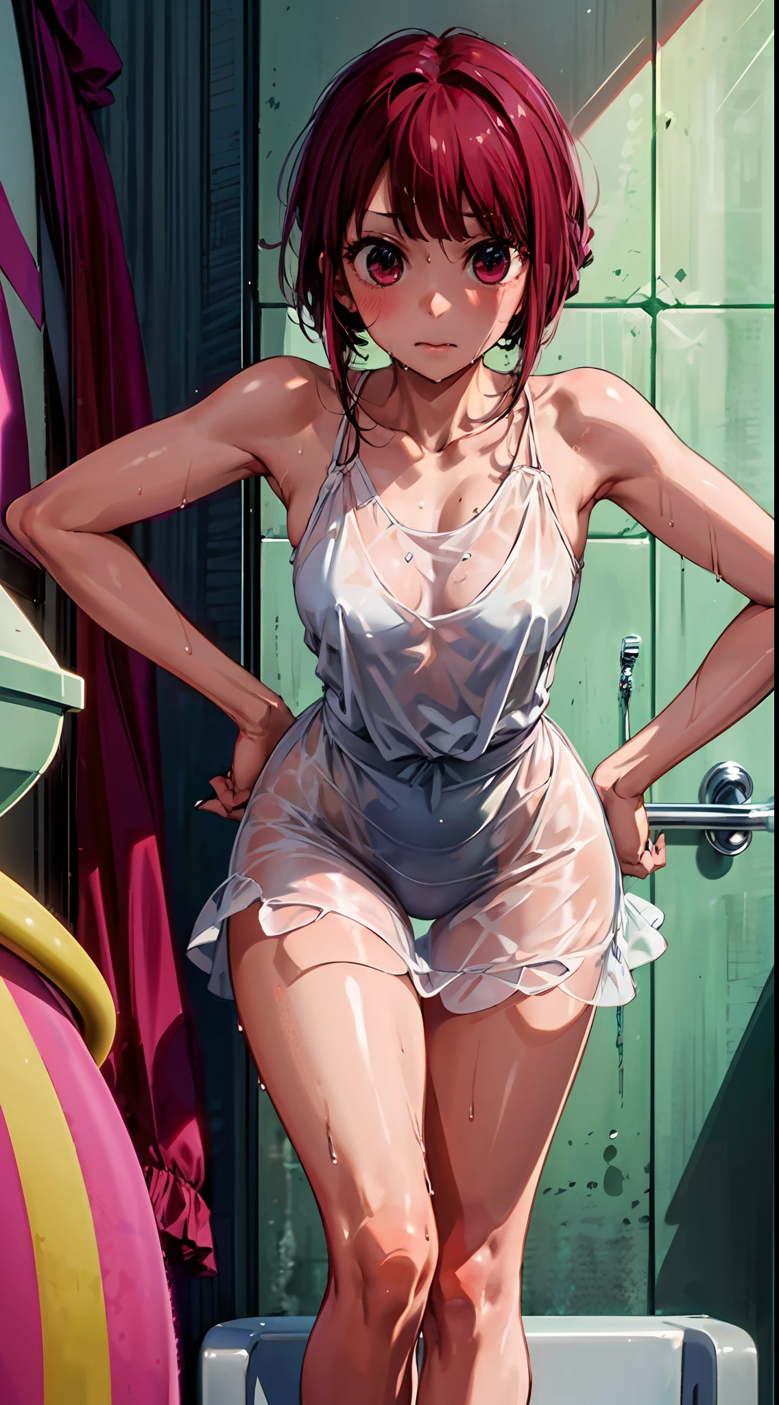 Cute girl standing with her back turned and legs open、独奏、Bending over hard、wet thin waist、Big naked、Medium chest、Girl with wet hair、short transparent dress、Close up in the bathroom behind a girl、Showing off her completely naked、Crotch cleft