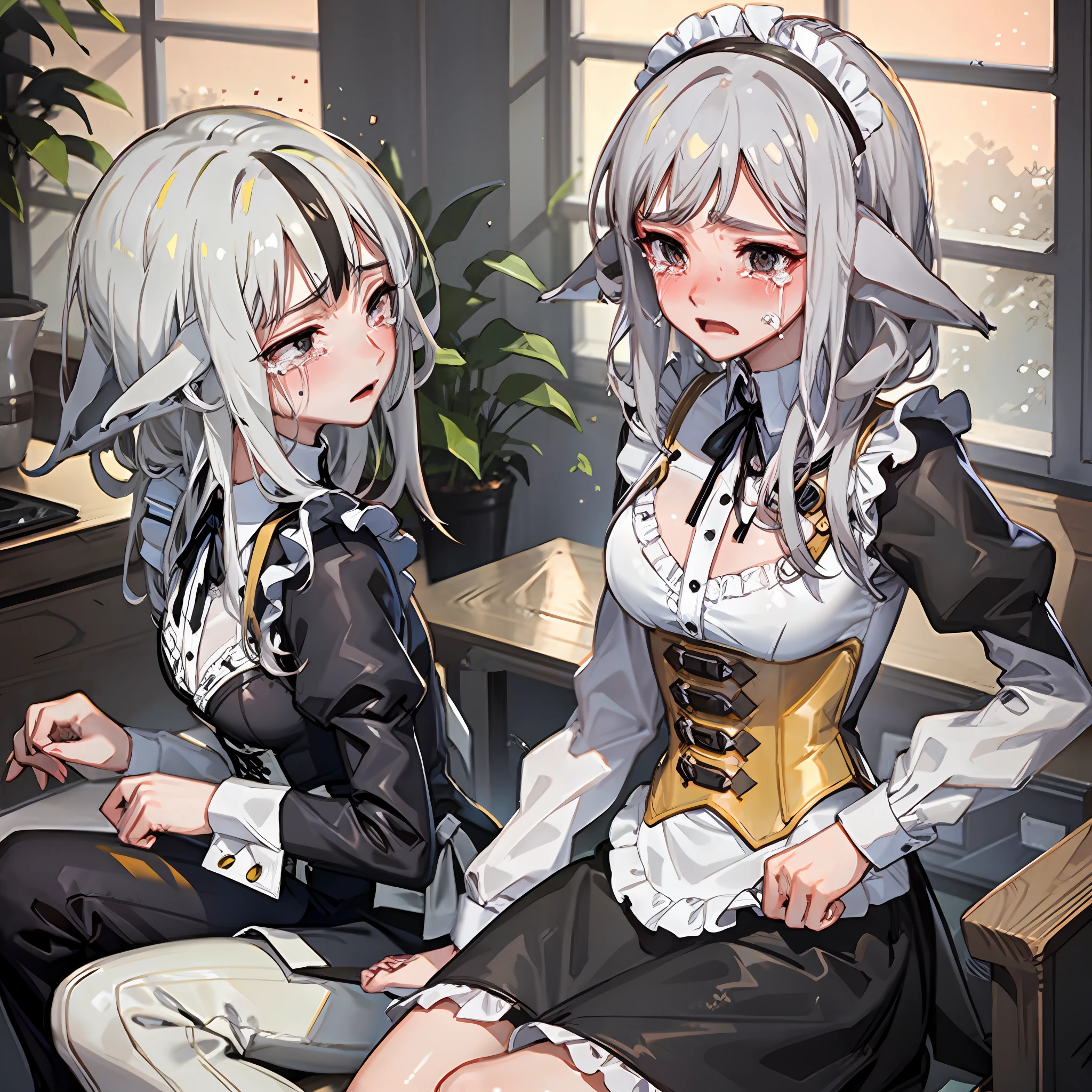 White hair anime crying blushing maid cat ears