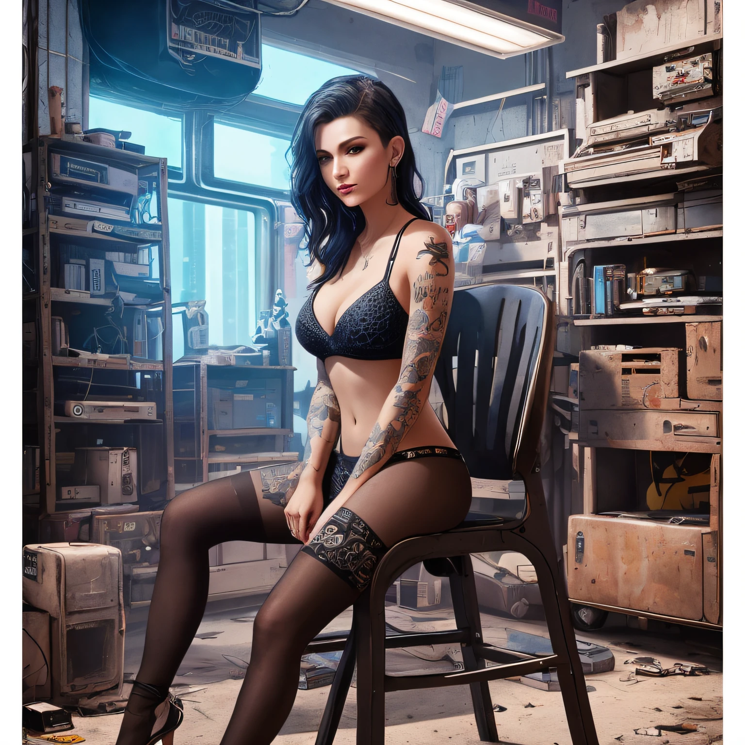 arafed woman sitting on a chair in a room with a lot of junk, cyberpunk 2 0 y. o model girl, sexy girl, beautiful cyberpunk woman model, tattooed pinup, cyberpunk beautiful girl, in a cyberpunk setting, in cyberpunk style, cyberpunk girl, sexy look, inked, cyberpunk photo, deviantart artstation cgscosiety, anna nikonova aka newmilky