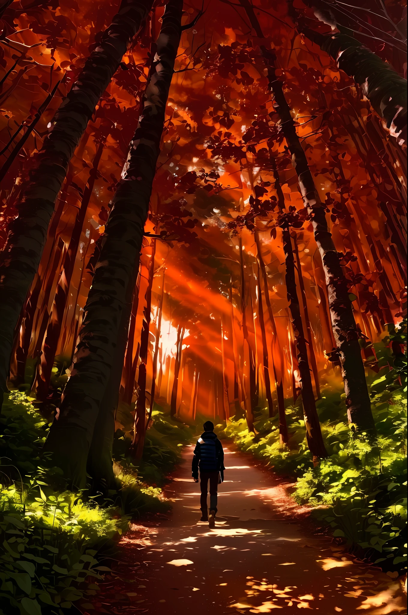 (A man walks on a wooded path,Arafad image:1.1),walking through a forest,(depth of field+Volumetric light),(forest at sunset+bright sun),Towards the moon，(dark forest:0.9),(extraordinary silhouetteand+floating:1.2)，(tree branches:1.2)。