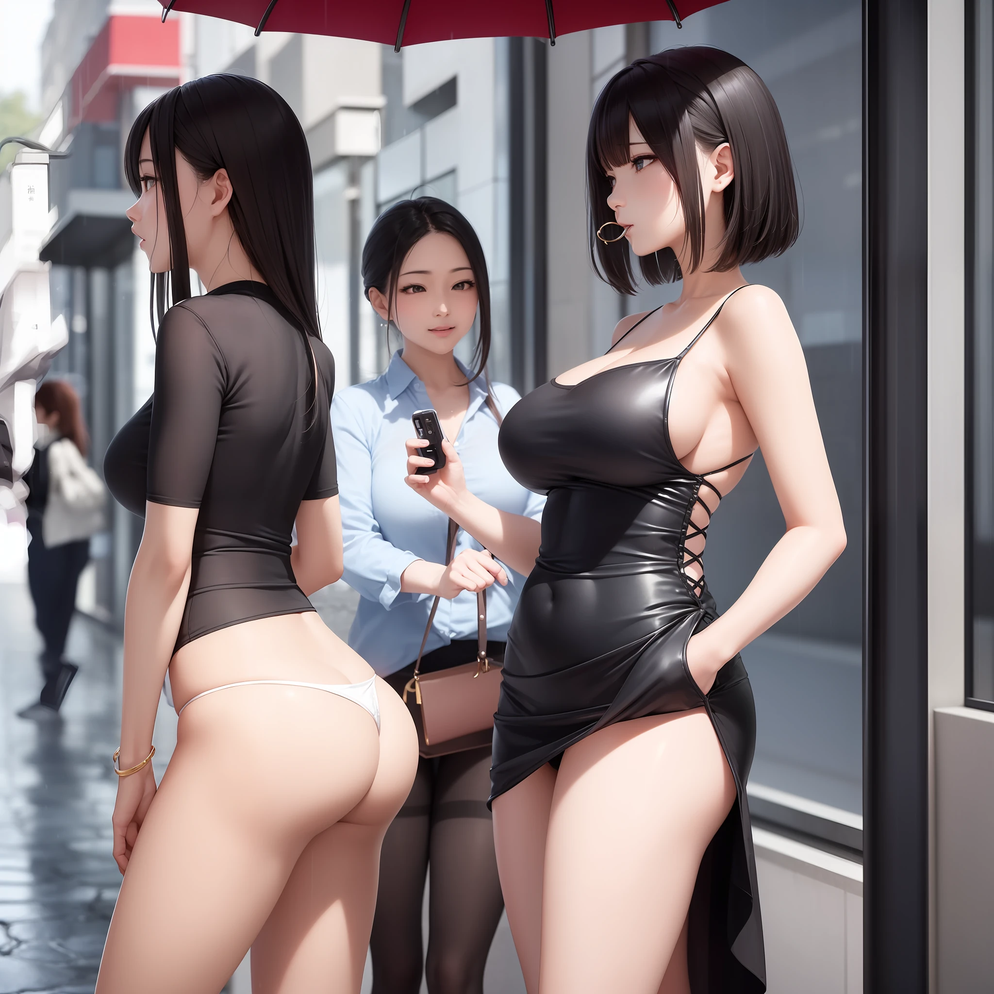 ((best qualtiy, 8k, tmasterpiece:1.3)), Focus:1.2, perfect figure beautiful woman:1.4, Cocked buttocks:1.2, ((Cut hair in layers, flatchest:1.2)), , (Rain, Street:1.3), Bandeau Dress:1.1, Highly detailed facial and skin texture, A detailed eye, 二重まぶた,Whiten skin,long whitr hair,(Keep one's mouth shut:1.3),full bodyesbian,huge tit,chineseidol --auto