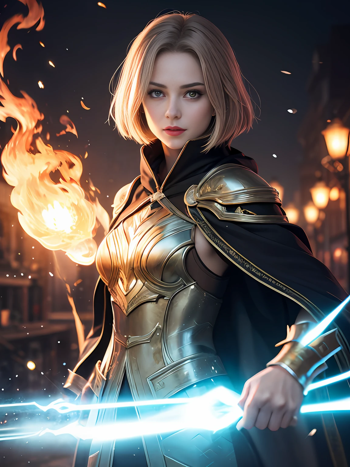 1girll,Battle Mage,(dent in the skin:1.5), Realistic, realisticlying, (tmasterpiece:1.5), concept-art, Complicated details, highly detailed, realisticlying, rendering by octane, 8K, unreal-engine, dynamicposes, best qualtiy, A high resolution, (photorealiscic face:1.1), (hyper realisitc:1.1), ((full_Body)), perfect eyes,(shiny skins:1.2), (((Hairstyles))), (((perfect hand))), (very highly detailed background), ((Dynamic background)), ((salama)), (llight rays), ((1girll)), is wearing casock, ((((Flowing cloak))), ((Detailed eyes, high-quality eyes, face with high quality)), (Extremely complex robes, Magic robes), short detailed hair, casting lightning, eletric, rotation fire, Radiant power, spark of light, smog, magia, ((dramatics)), Epic, battlefiled, depth of fields, Bokeh, 4K, gotik, ember, Particle,Magic world,absurderes,fanciful。