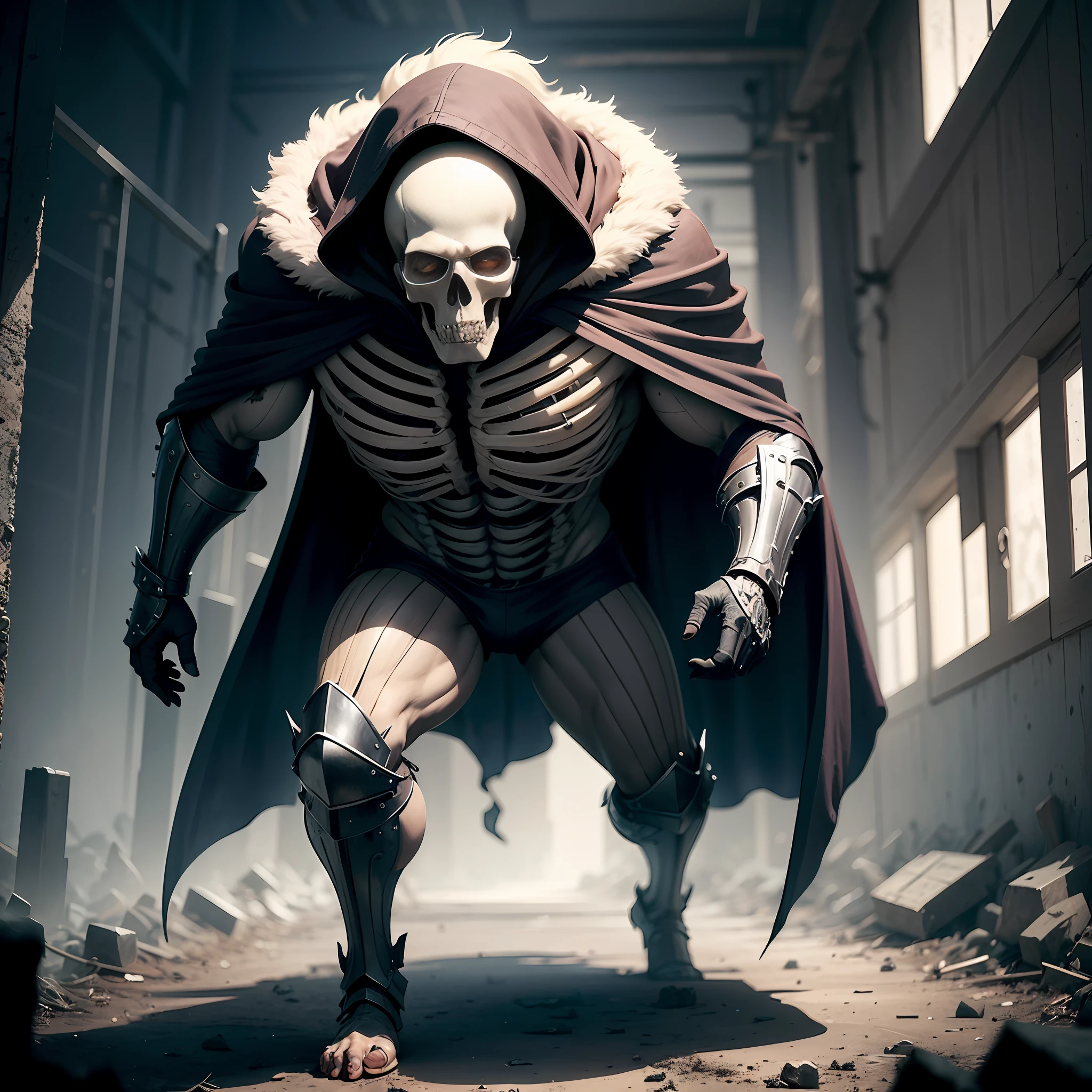A dead representative，Its face is divided into skeleton shapes、Partly sheep face，Wearing heavy armor，Muscles are strong，Wearing the Grim Reaper cloak，The feet are sheep's hooves，The background is a terrifying hellish environment，The picture shows only that representative，The image quality requirement is ultra-high detail CG，The background is dark and dimly lit，It shows an air of slaughter。（Prompt extension：[masterpiece, best quality, ultra-detailed CG, horror theme, dark background, low illumination, unrivaled detailings])