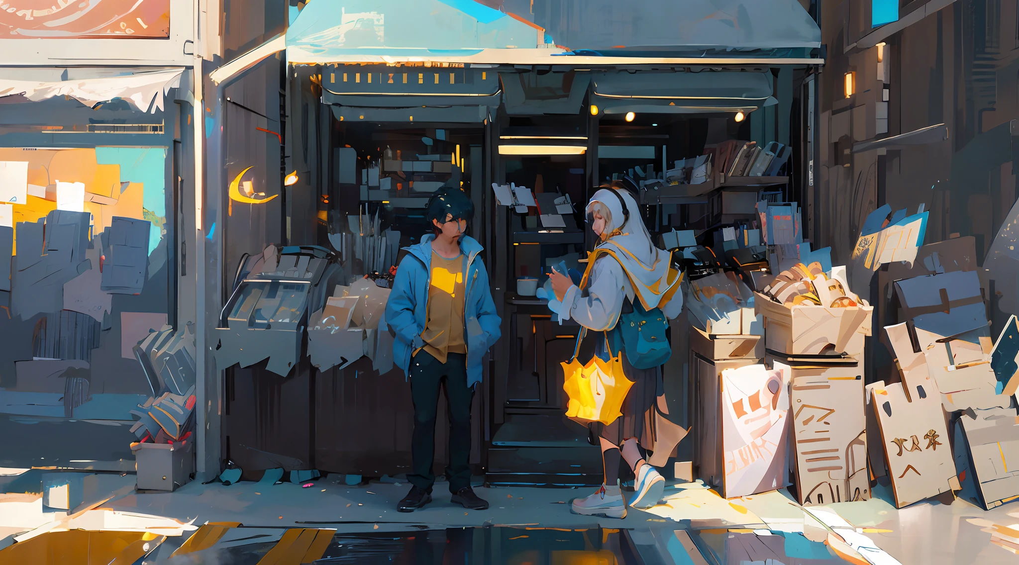 (Realistis:1.4)the street,cyber punk perssonage,8K,top down shot,wide wide shot,Two people stood outside the store with bags, krenz cushart and wenjun lin, atey ghailan 8 k, in style of atey ghailan, tokyo anime anime scene, inspired by Liam Wong, by Atey Ghailan, Inspired by Atey ghailan, drawn in anime painter studio