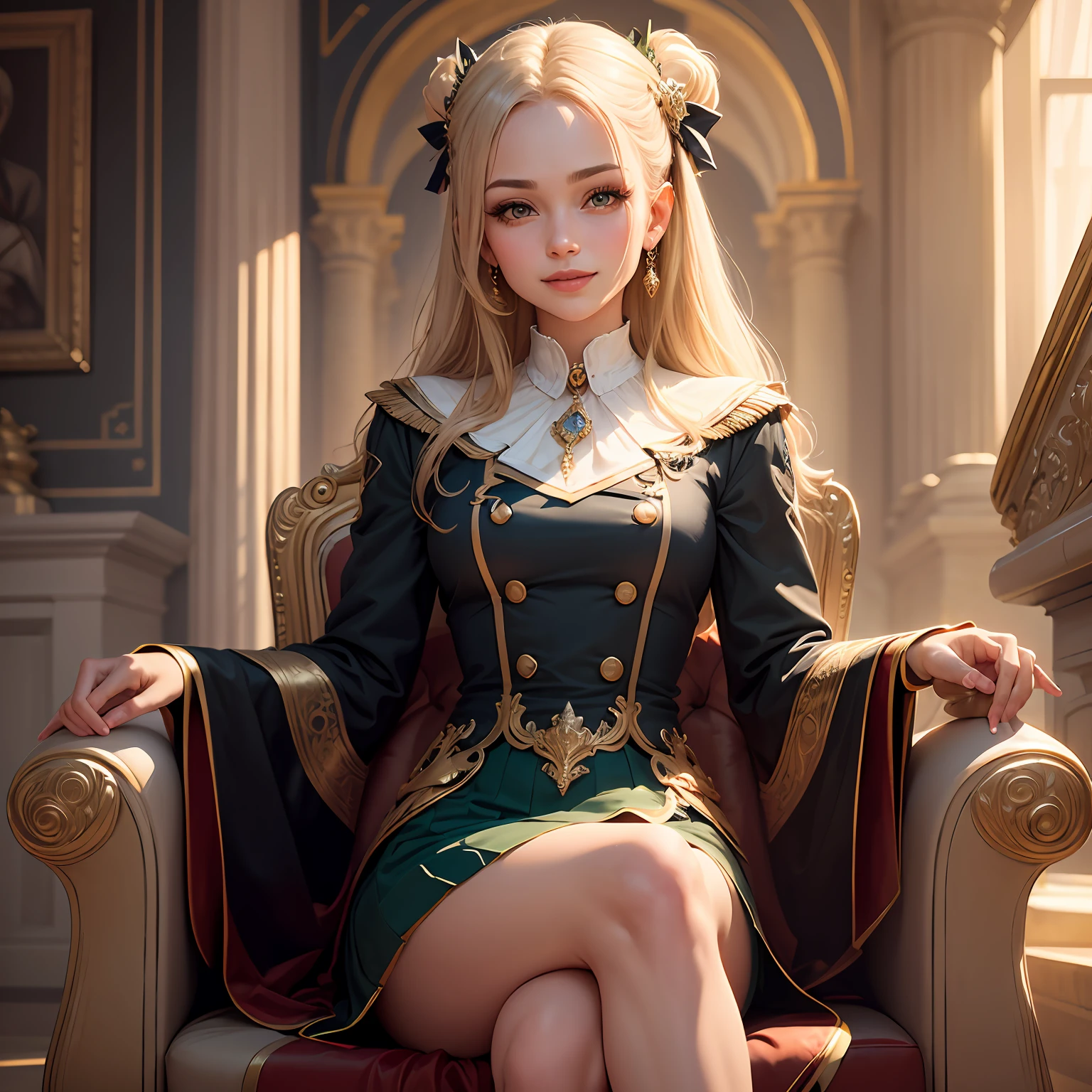 extreme hight detail,100% high definition detail，Small hair ornament，Leading gold jewelry，Dark green college uniform，Diamond-crystal diagonal，Seductive smiles，ellegance，A half body，Palace hall --auto