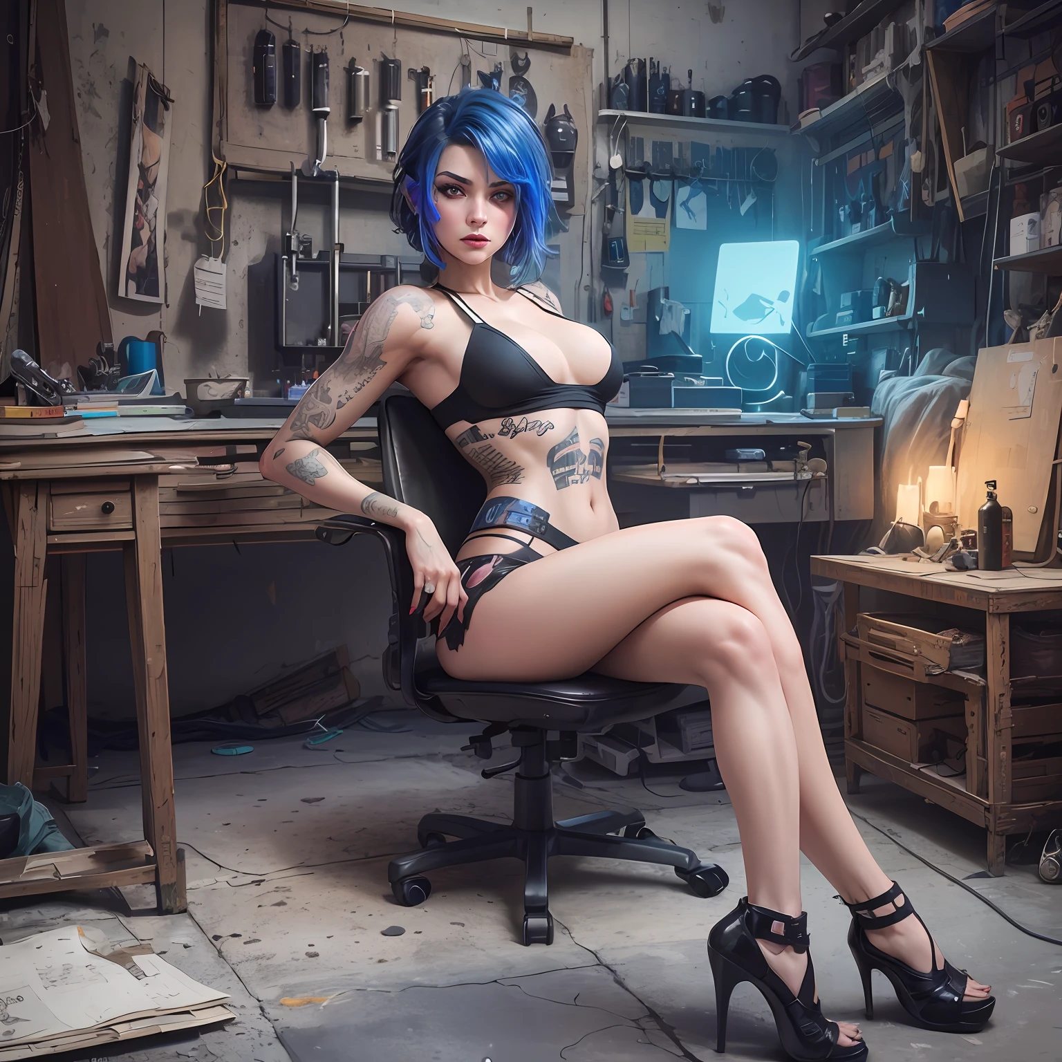 arafed woman with blue hair sitting in a chair in a workshop, inked, short blue haired woman, deviantart artstation cgscosiety, beautiful cyberpunk woman model, in a cyberpunk setting, tattooed pinup, cyberpunk girl, [ trending on cgsociety ]!!, in cyberpunk style, cyberpunk 2 0 y. o model girl, blue ink, cyberpunk beautiful girl