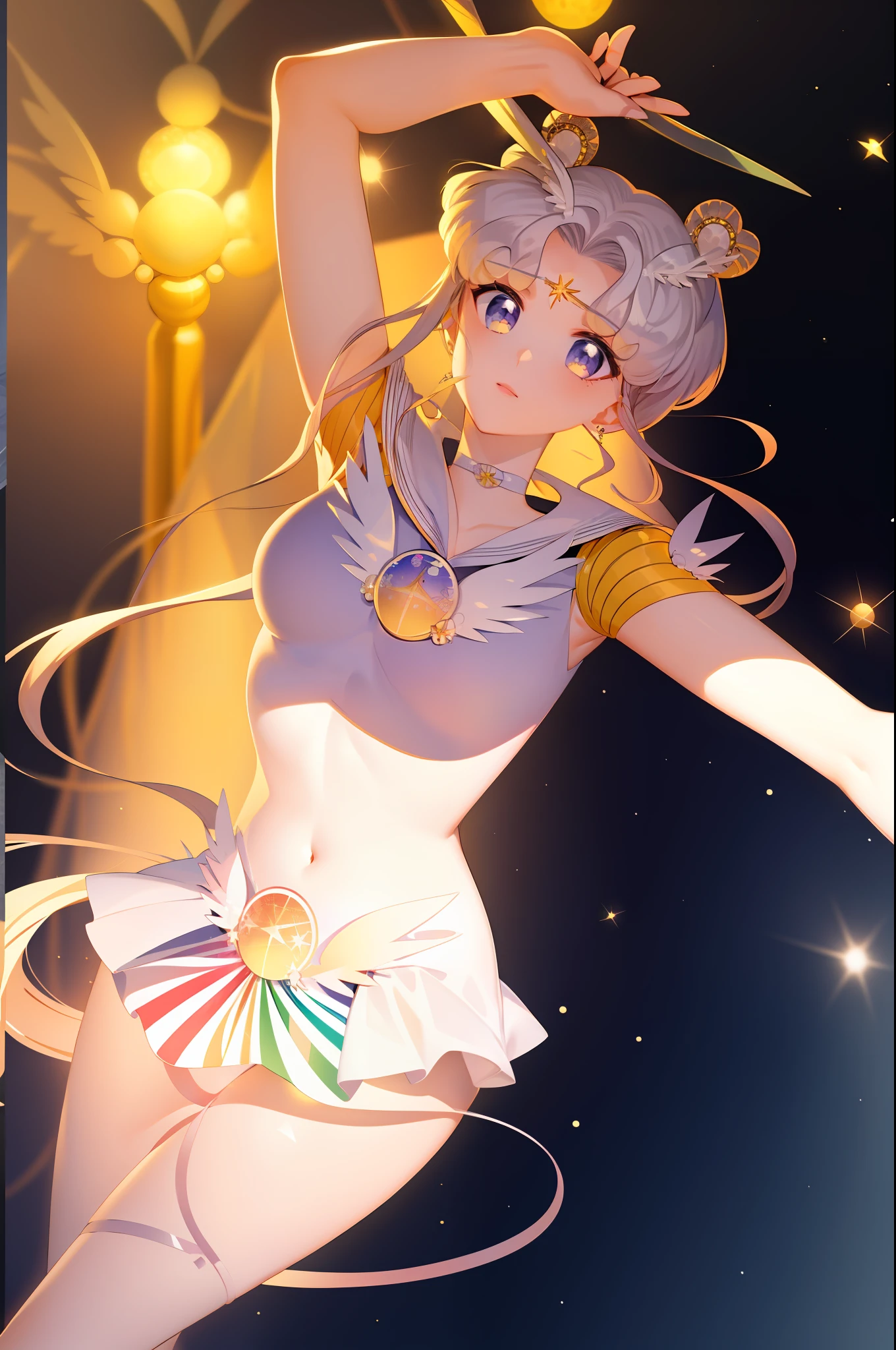 high-level image quality、rialistic photo、Beautiful facial features、beautiful thigh、Ultra mini skirt、sailorvenus、poneyTail、a close up of a woman in a costume posing for a picture, Anime girl cosplay, Sailor Moon Style, Anime Cosplay, Beautiful armpits、Beautiful navel、Sailor Moon!! Beautiful, cosplay foto, publicity cosplay, Cosplay, Ayaka Cosplay, Orange halo around her head, Inspired by Yang J