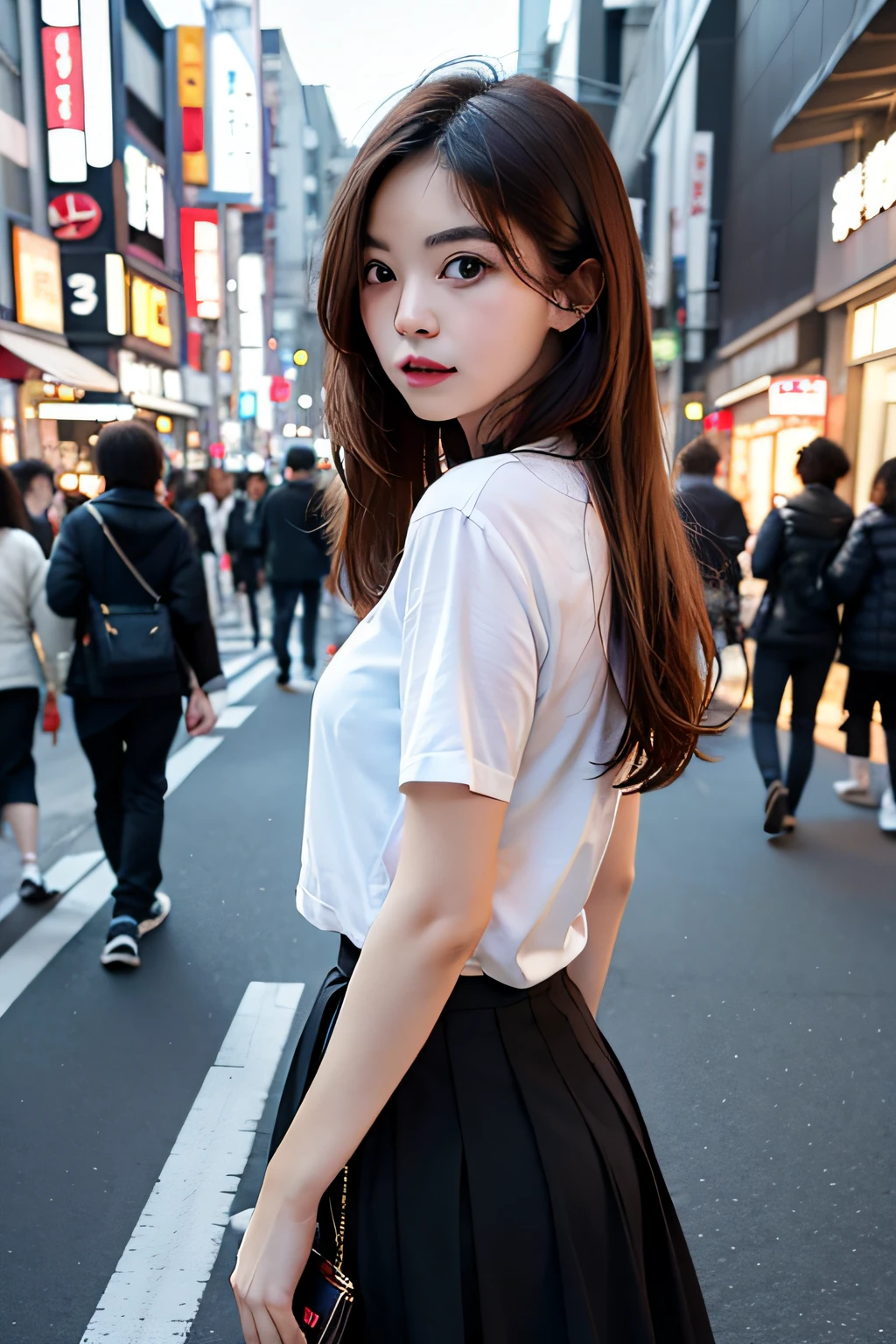 1girl、Streets of Tokyo、natta、A city scape、city light、The upper part of the body、a closeup、8k、RAW Photography、top-quality、masterpiece、realisitic、Photorealsitic、Skirts that flip