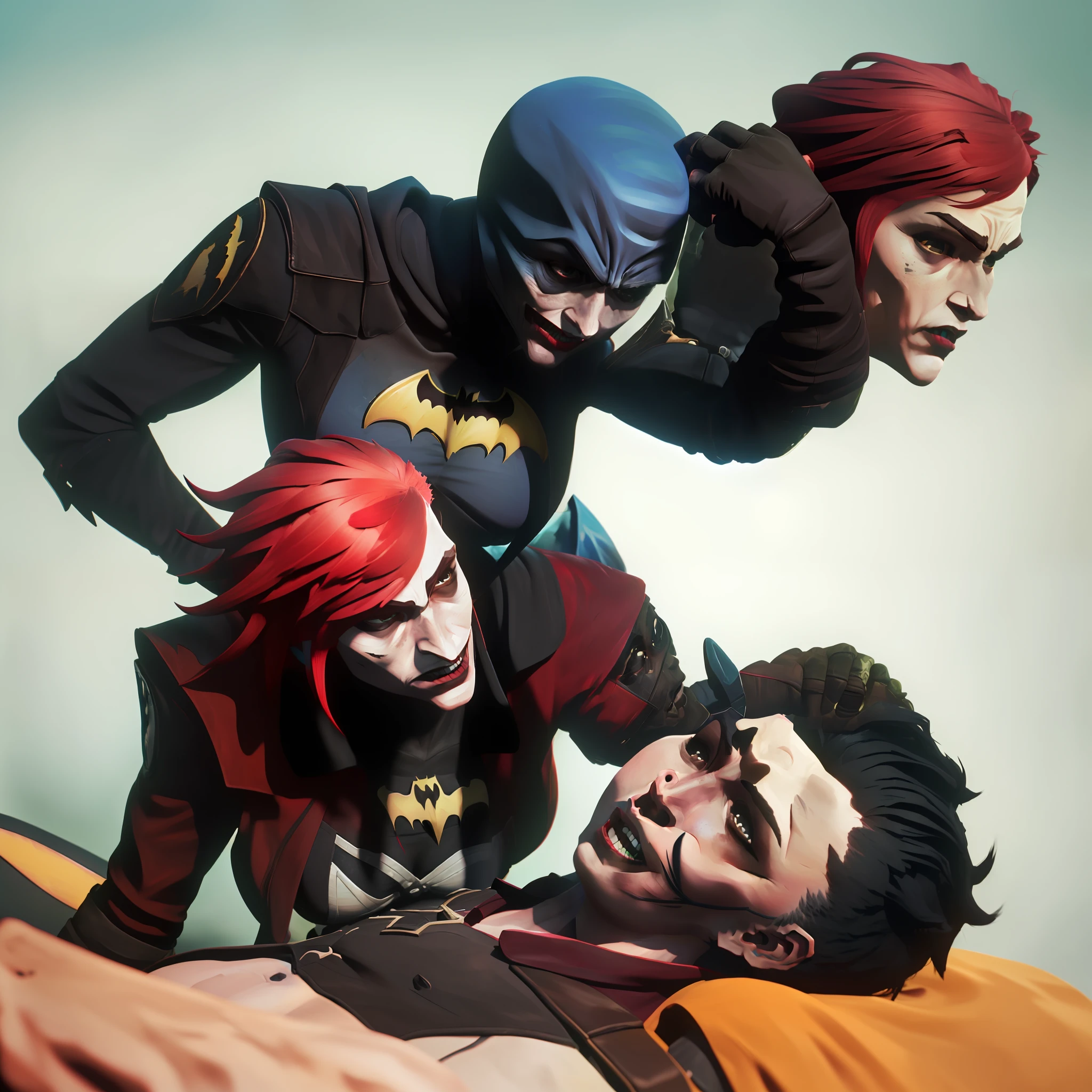 The Joker holds Batman's head and steps on the corpse of Naked Batgirl with a red hood in her hand, a superb masterpiece