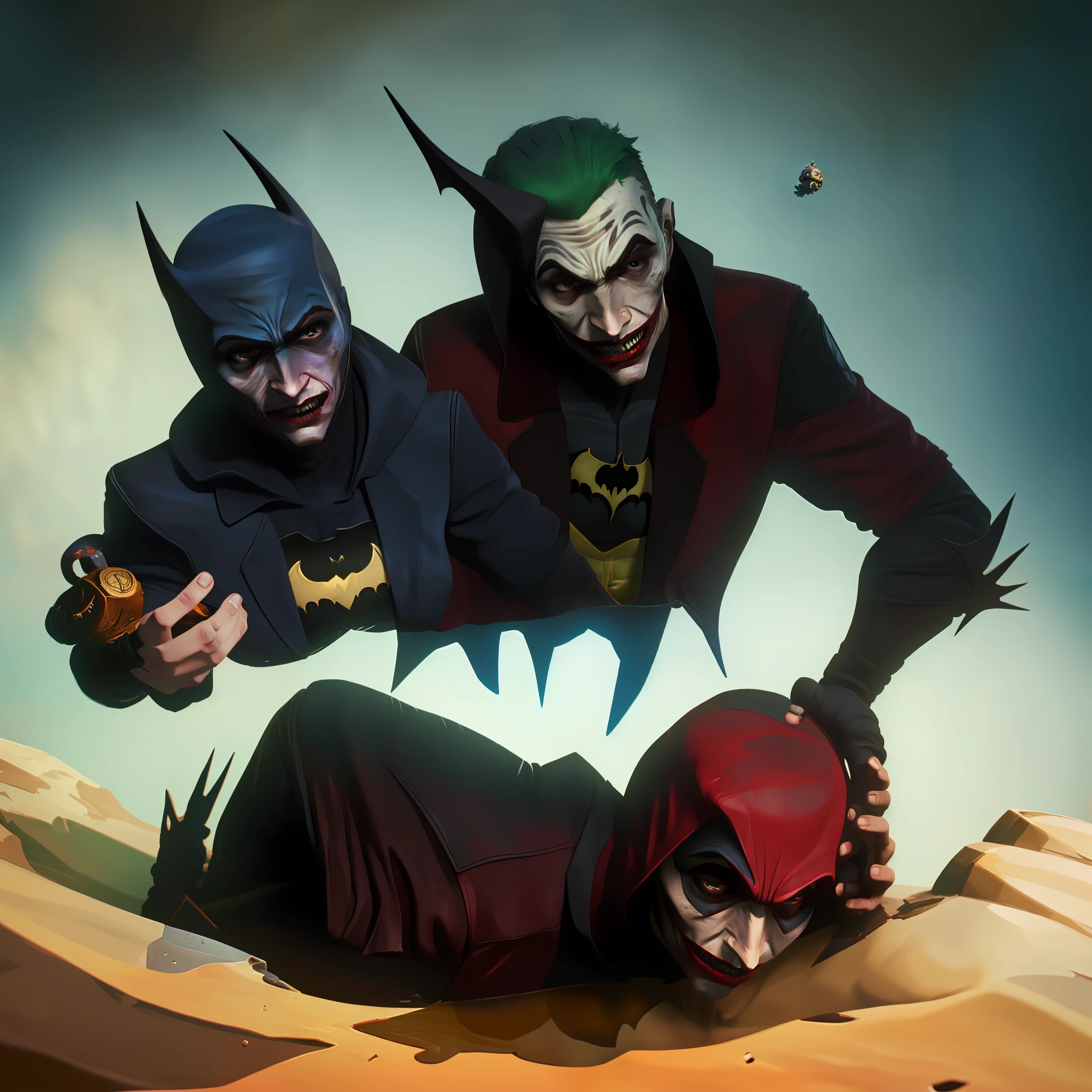 The Joker holds Batman's head and steps on the corpse of Naked Batgirl with a red hood in her hand, a superb masterpiece