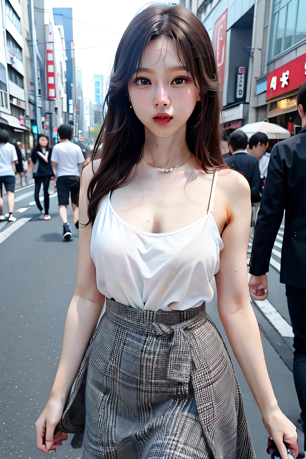 1girl、Streets of Tokyo、natta、A city scape、city light、The upper part of the body、a closeup、8k、RAW Photography、top-quality、masterpiece、realisitic、Photorealsitic、Skirts that flip