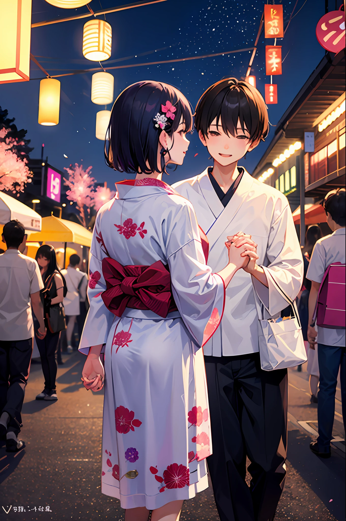 a couple、Behind view of man and woman holding hands、、Lovers、Yukata、Summer Festivals、Fireworks Festival、natta、