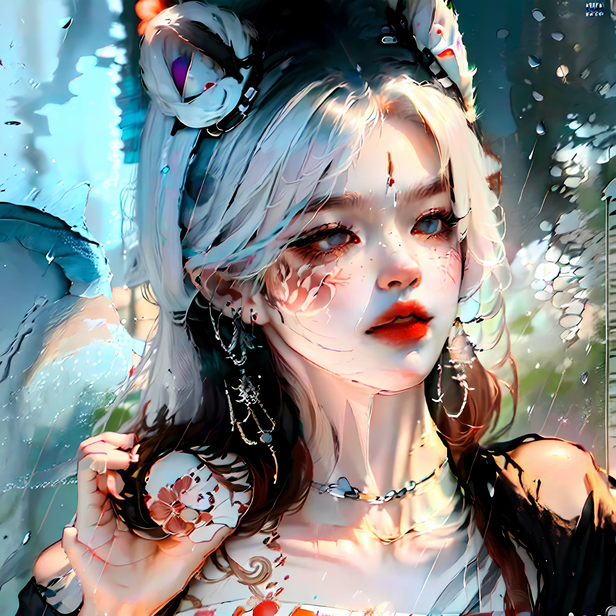 ((best qualtiy, 8k, tmasterpiece:1.3)), Focus:1.2, perfect figure beautiful woman:1.4, Cocked buttocks:1.2, ((Cut hair in layers, flatchest:1.2)), , (Rain, Street:1.3), Bandeau Dress:1.1, Highly detailed facial and skin texture, A detailed eye, 二重まぶた,Whiten skin,long whitr hair,(Keep one's mouth shut:1.3),full bodyesbian,High ponytail --auto