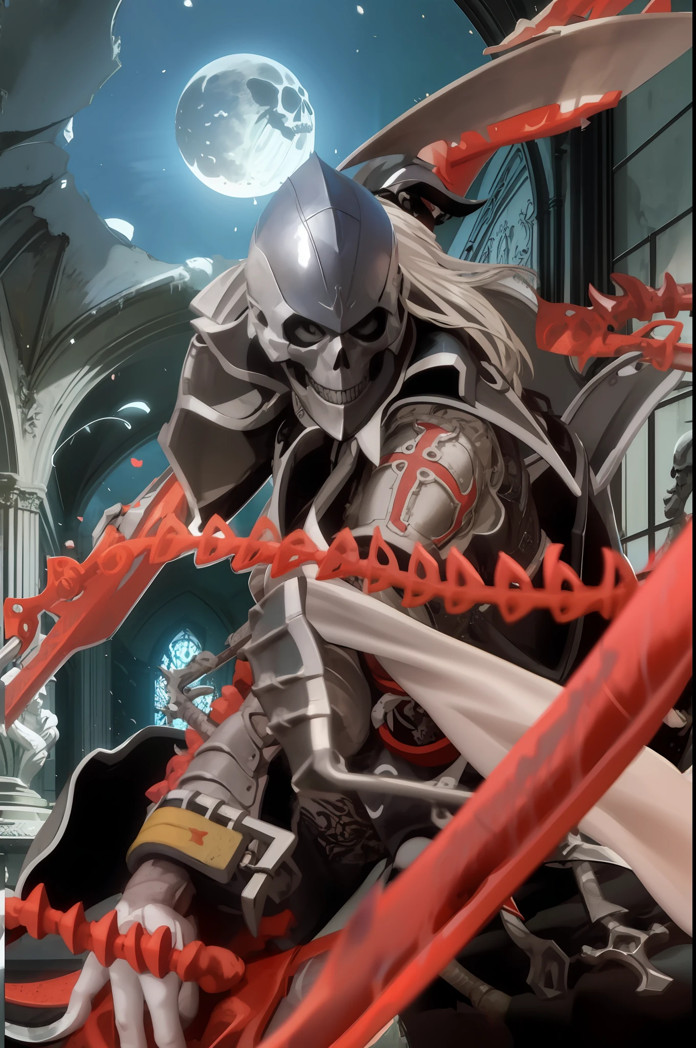 Knight man with skull helmet dressed in gothic black armor holding a large axe