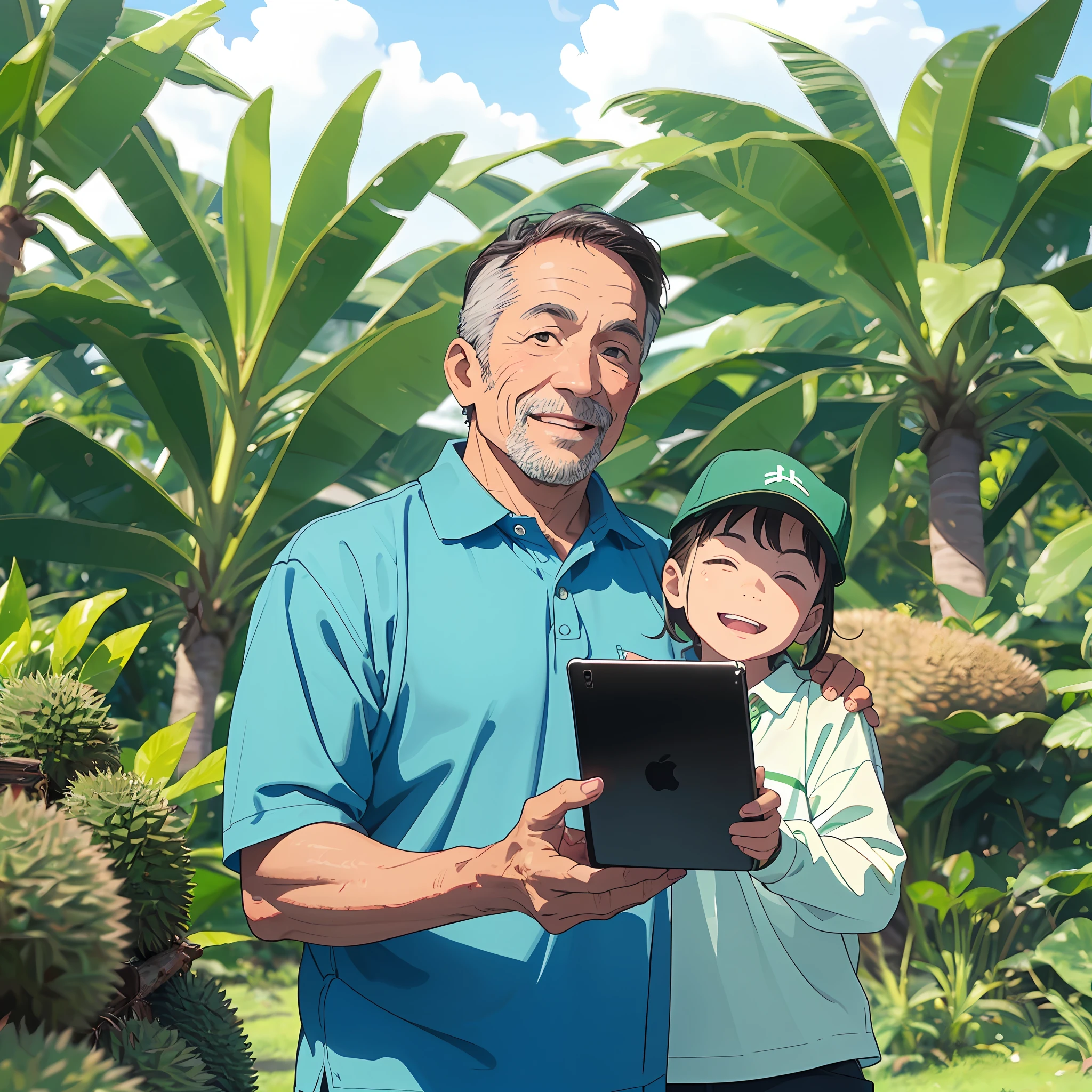 handsome farmer uncle holding an iPad in durian garden, beautiful scenery, clear picture quality, blue sky, ((wearing green polo)), ((wearing black cap)), (happy face), farmer uncle and his family in garden, happiness,