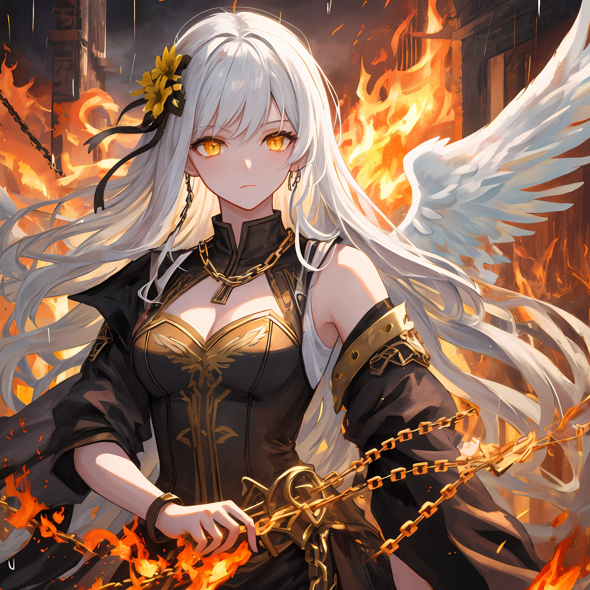Masterpiece, best quality, super detailed, illustration, close-up, direct, 1girl, white hair, yellow eyes, angel, chains, masterpiece, fancy background, fire, rainstorm
