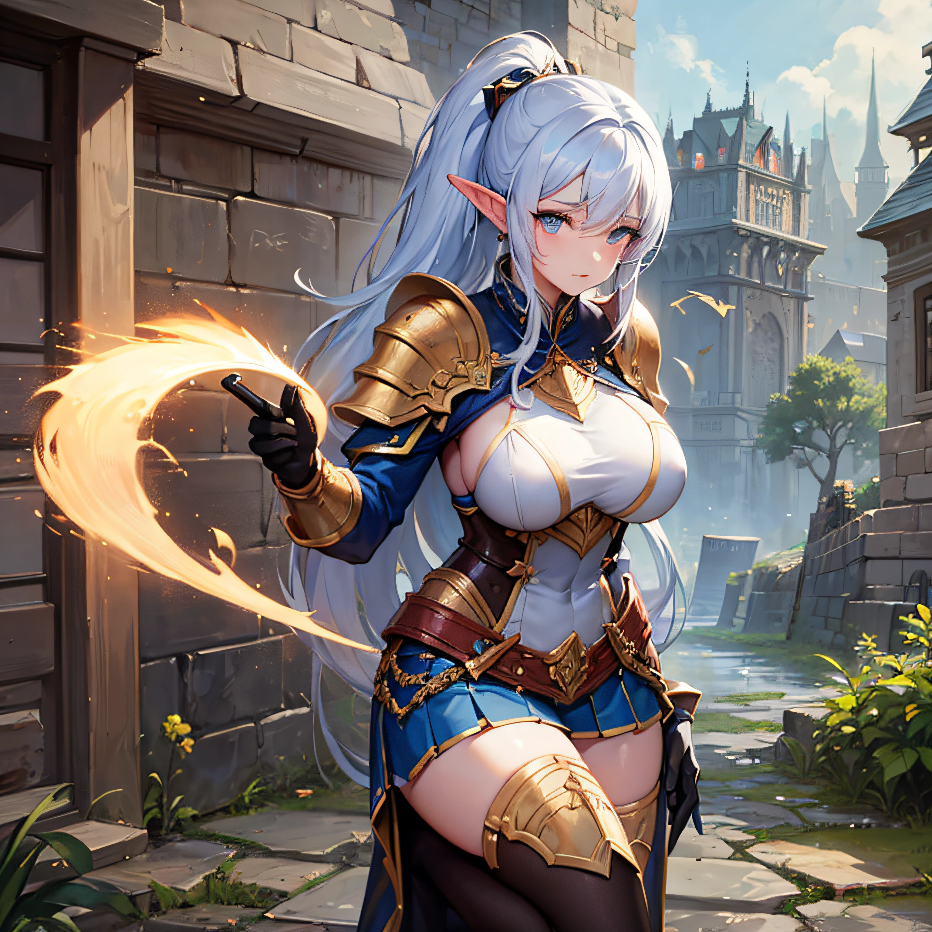 Elven female knight,Perfect slim body,Mature royal sister face,Double ponytail curls,Knight armor,Sensual and alluring,Refined looks,Full body like,4K quality,Feminine expression,is shy,Star-like deep eyes,large tities,A short skirt,Knife pulling posture。Large bust,Fight Warcraft,speed-line,Best quality at best,tmasterpiece,Magnificent background,On the battlefield,Rags