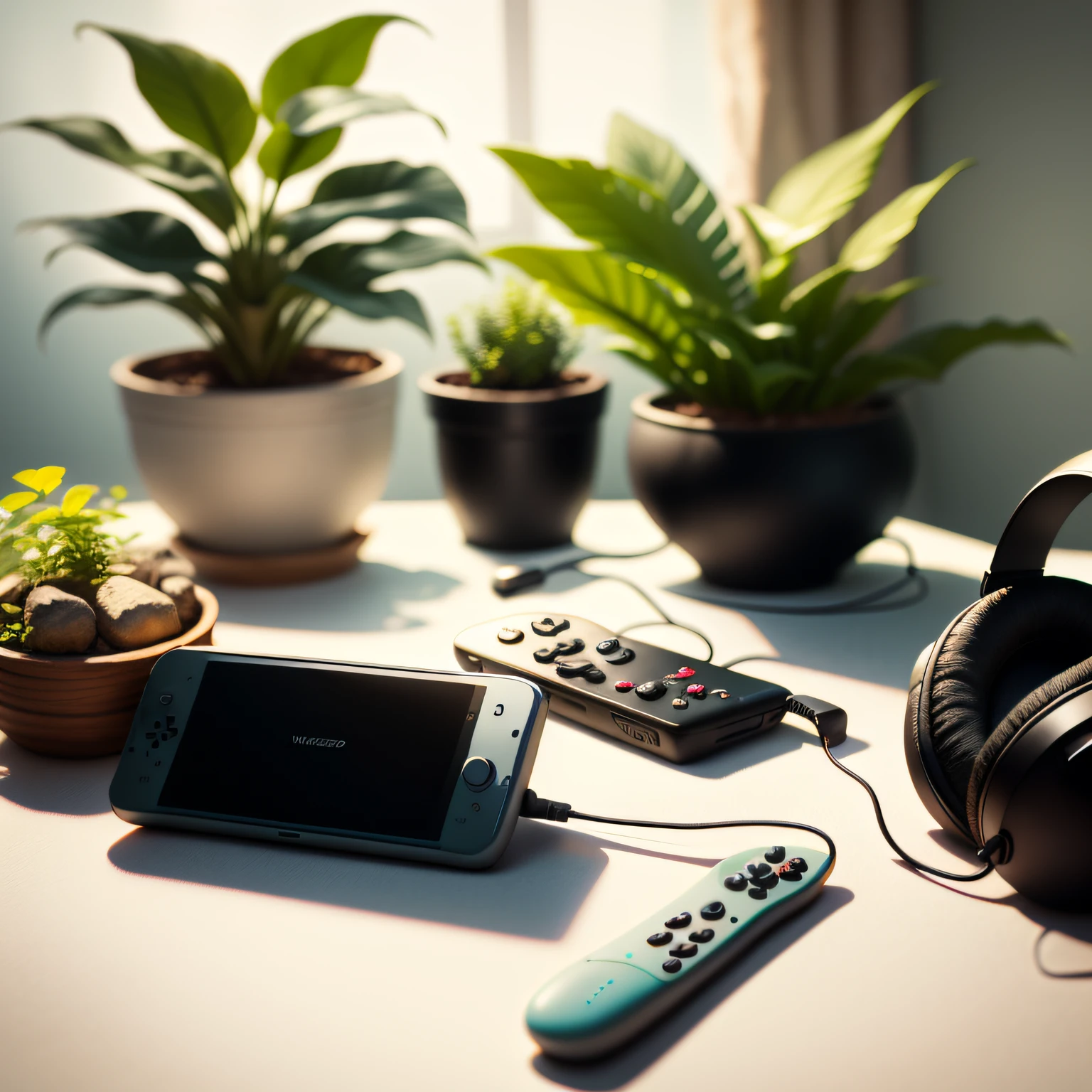 On a white desk,On the white table is a charging treasure,A Nintendo controller,with plants around it,Black headphones, Simple and clean, Shooting in bright spaces, full - view, Top view, a wide full shot, Nice composition,Nordic style shooting