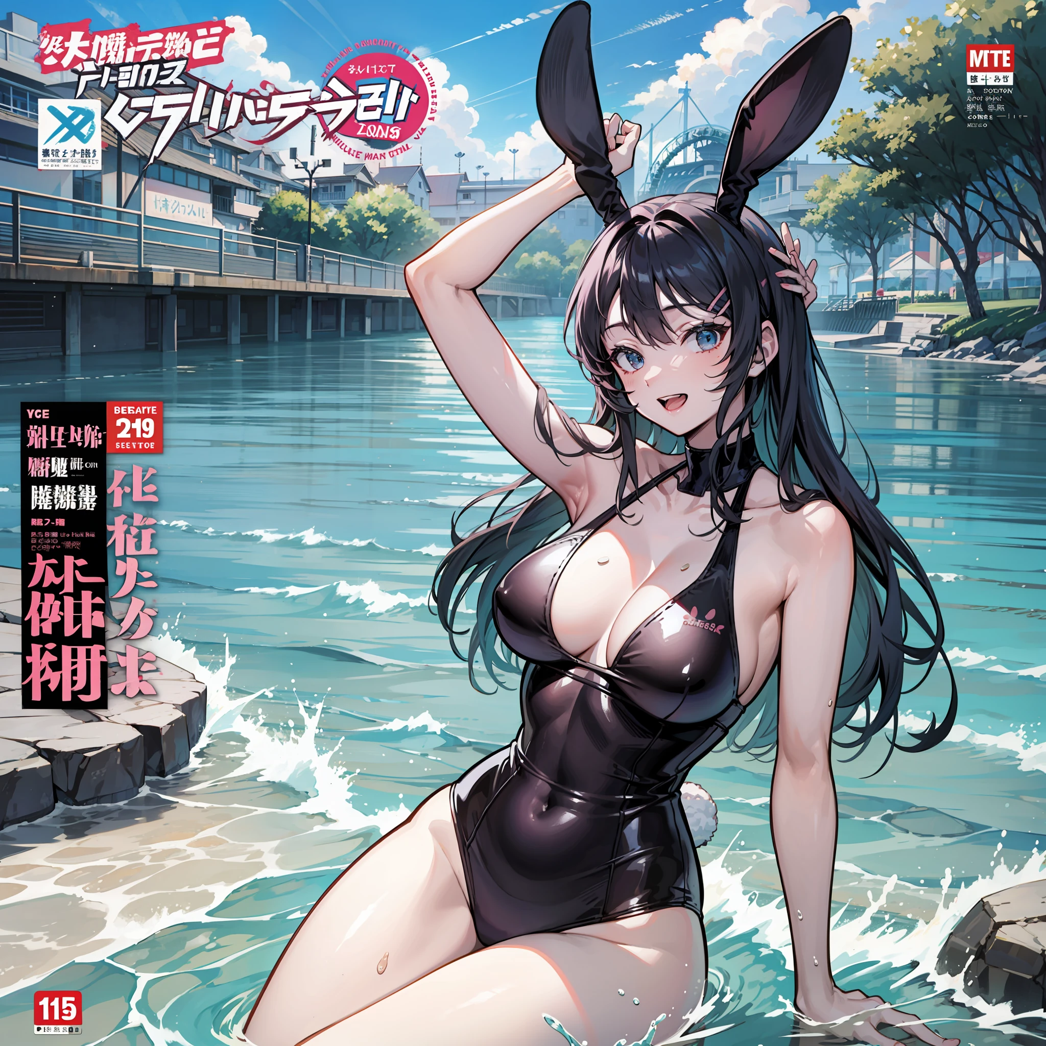 sakurajima mai,Comic cover style,Comic title,highest quality,Ocean park,having fun,Slim and healthy body,Sexy swimming costume,Fleshy thighs are cool,stocklings,Rabbit ears