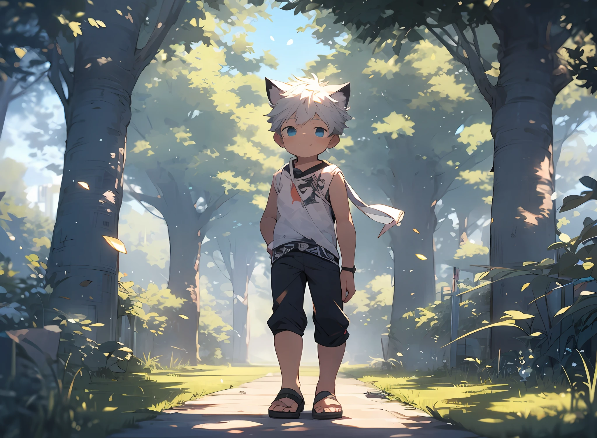 three fourths view,Shota,Black and white hair,toddlers,Blue eyes,cat ear ,a cat tail, adolable, standing on your feet, Master masterpieces, A high resolution,8K,detailedbackground,high high quality,Libido boy,独奏,shorter pants,grassy fields,baiyun,florals,falling leaf,Happy expression,The tree