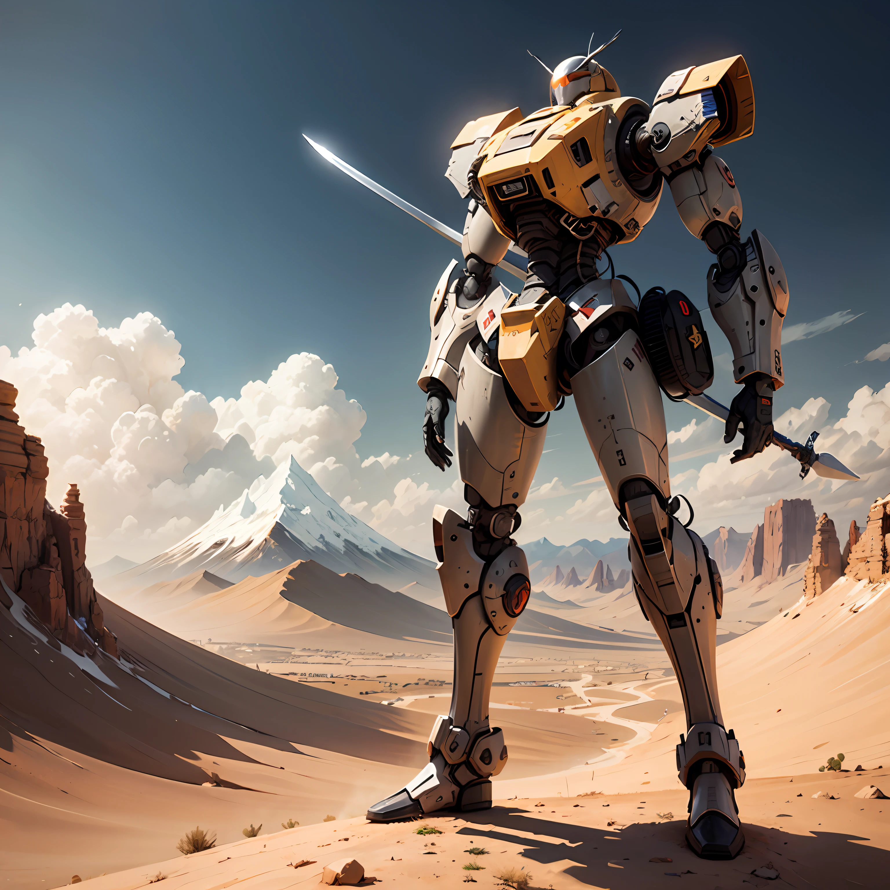 A man wears a mech，The background is the mountain，Beneath your feet is the desert，There are no cities，Sword in hand，Glaring ahead， --auto