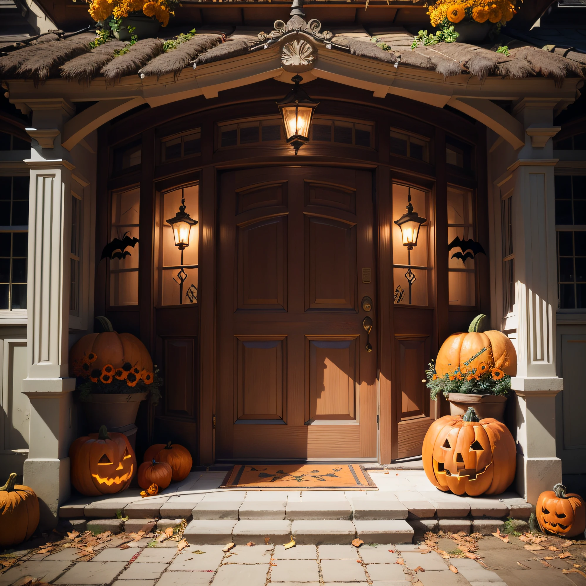 Entrance with Halloween decorations,Nordic House doorstep,pumpkins,arachne,Bat decoration,photorealestic,Photographic pictures,Vivid details,doorways,Top-down view,kanon --auto