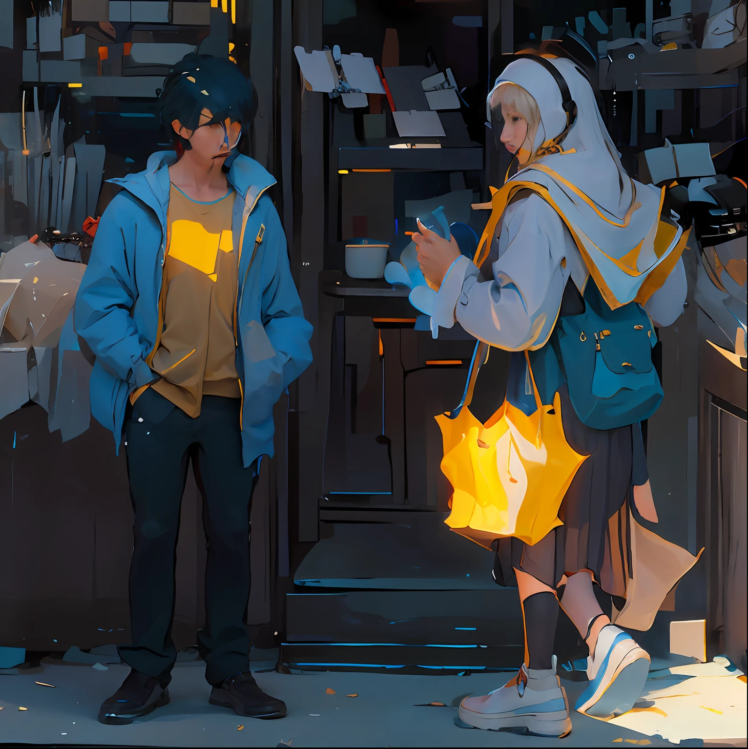 (Realistis:1.4)the street,Two people stood outside the store with bags,