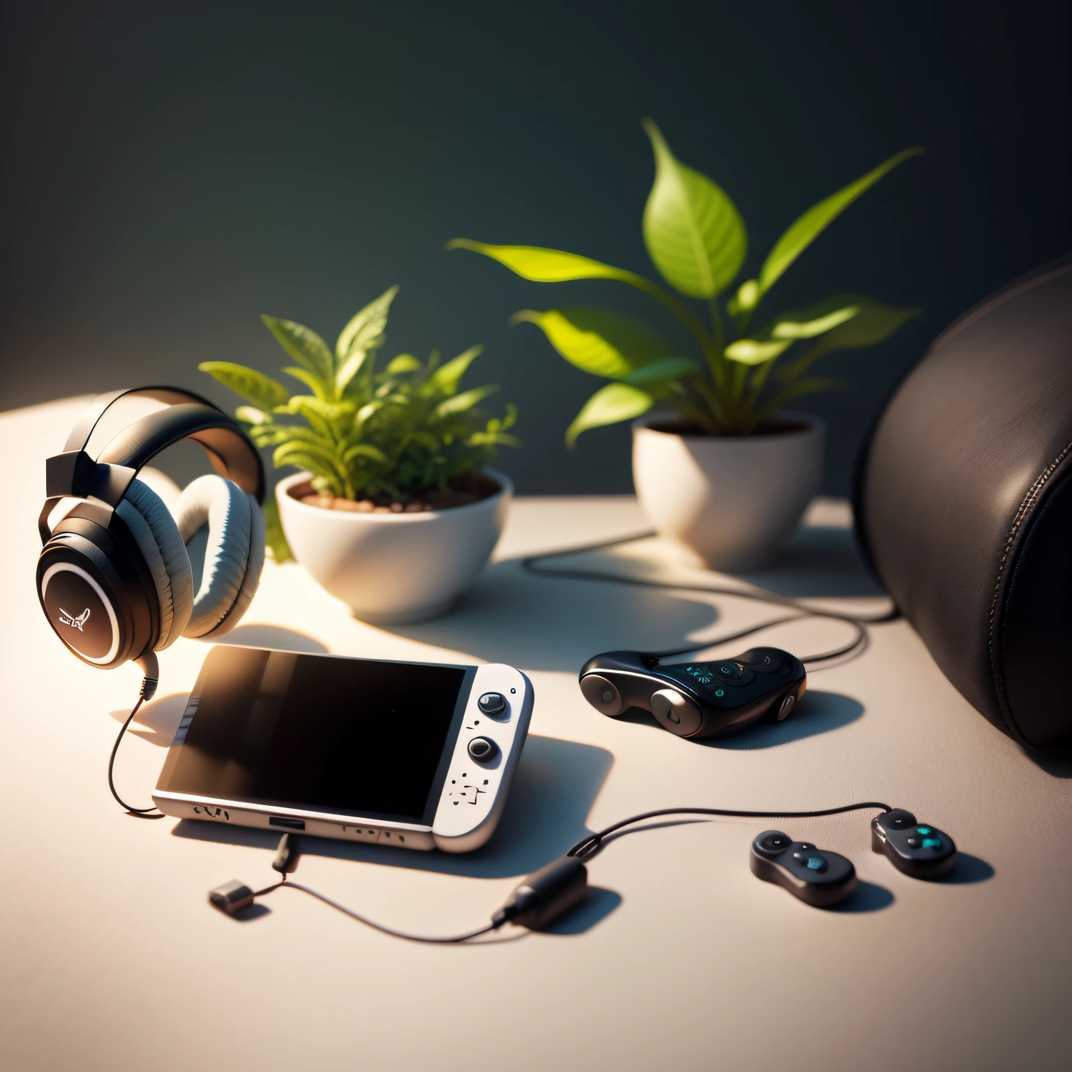 On a white desk,On the white table is a charging treasure,A Nintendo controller,with plants around it,Black headphones, Simple and clean, Shooting in bright spaces, full - view, Top view, a wide full shot, Nice composition,Nordic style shooting